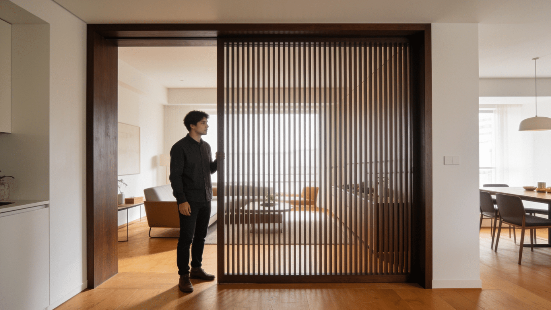 black slat frame modern room divider in a dining space