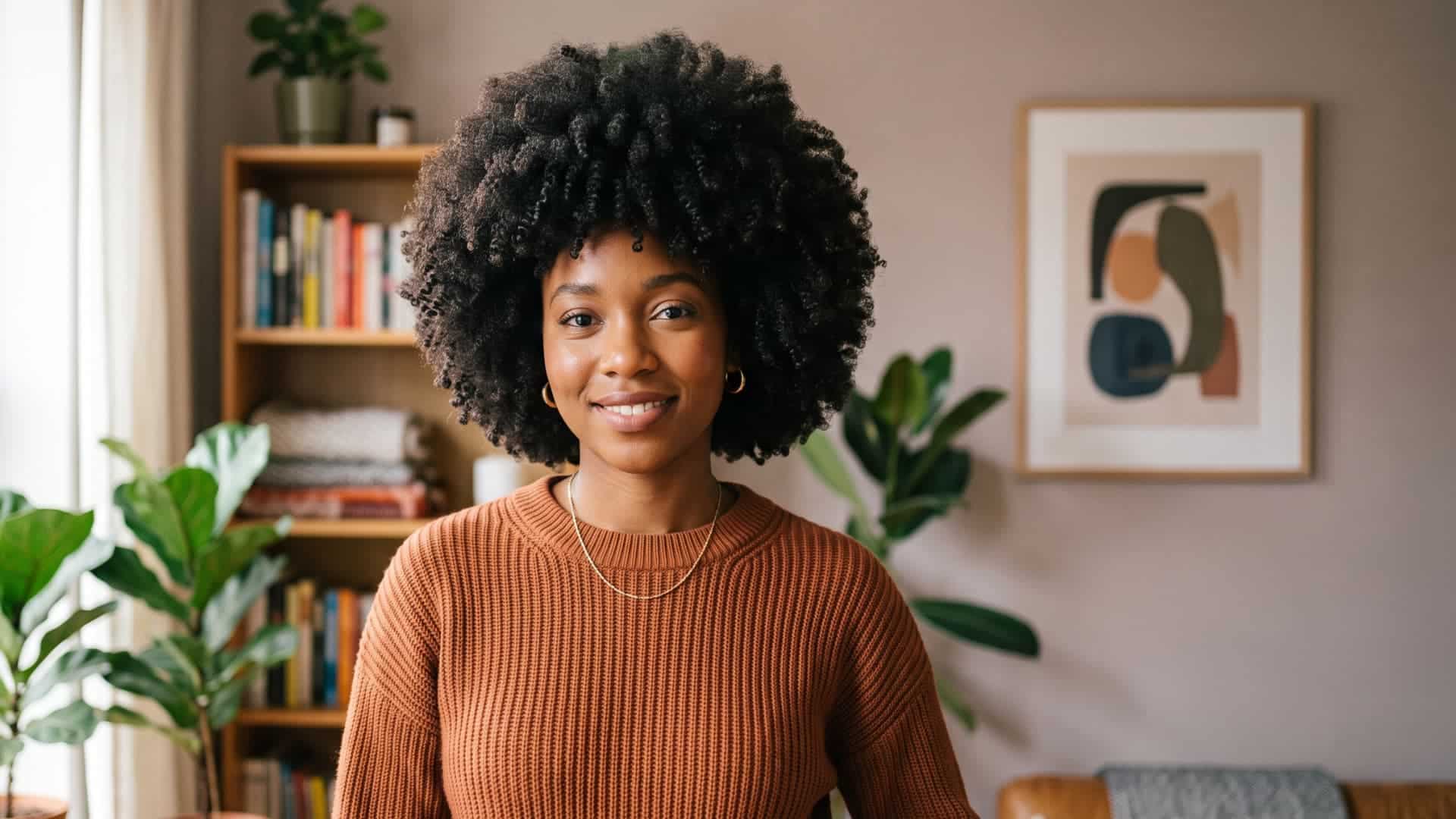 black woman with a rounded afro featuring dense healthy coils and a balanced even silhouette (1)