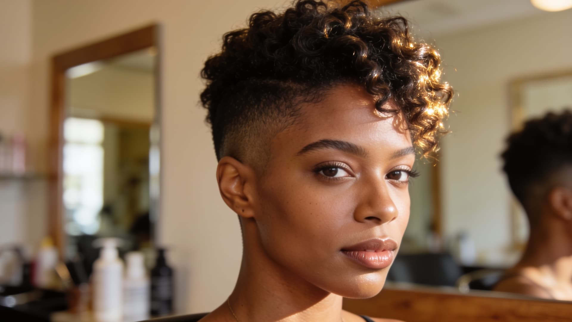 black woman with a tapered natural cut featuring short sides and defined curls on top