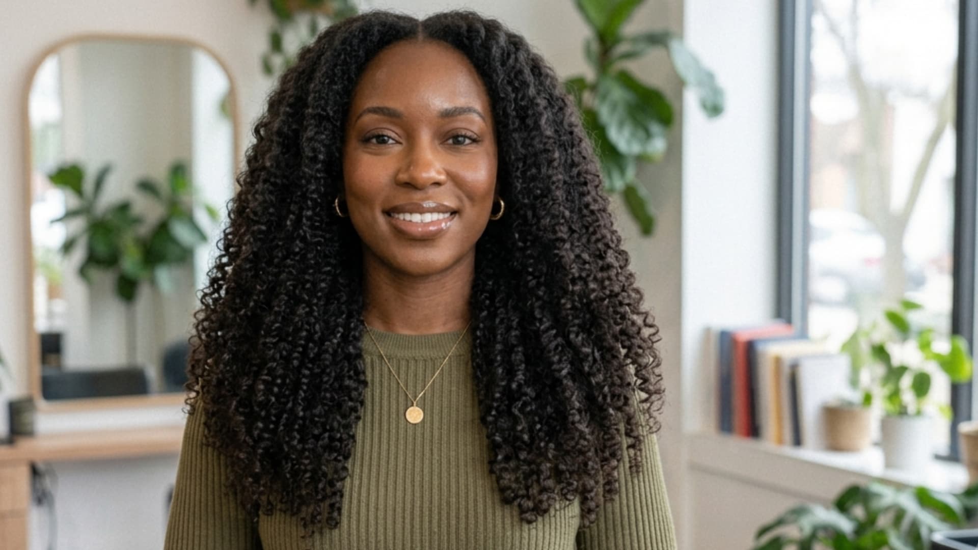 black woman with long natural hair shaped into a soft u cut with limited layers and full ends