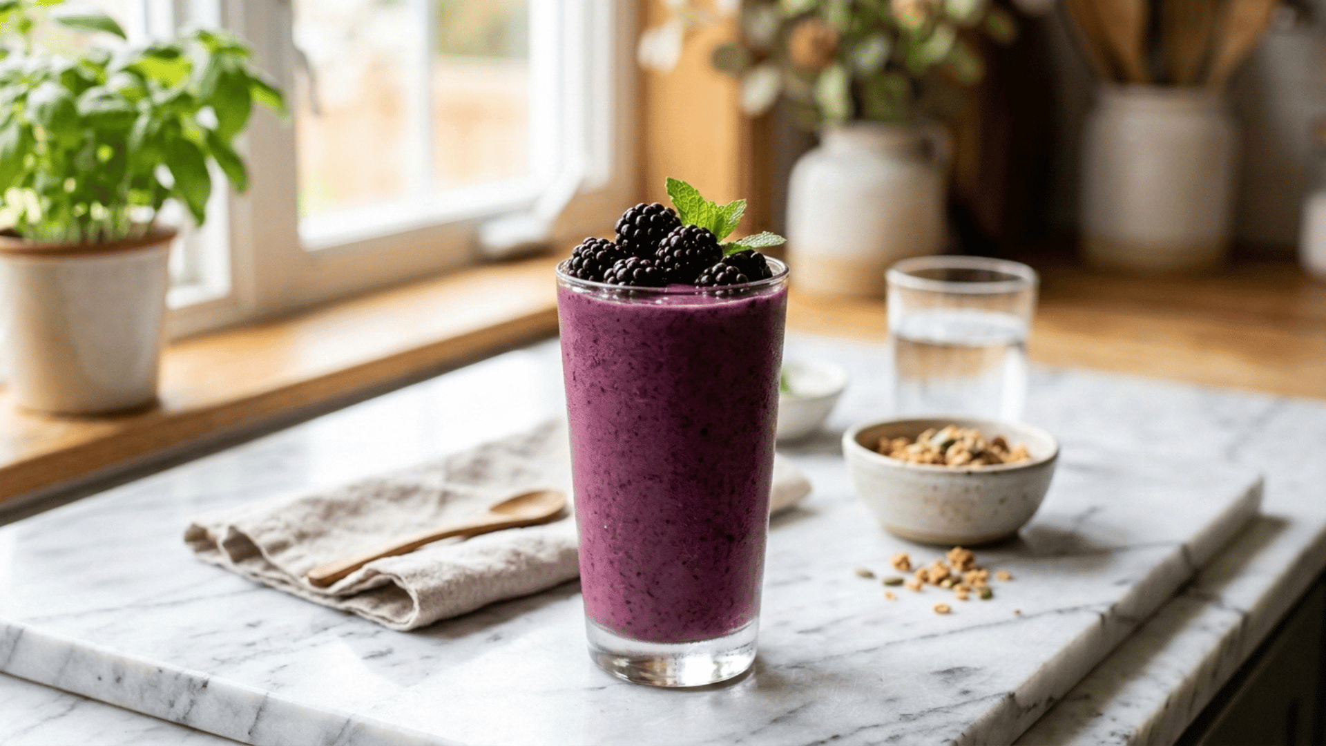 blackberry banana smoothie in a glass topped with blackberries