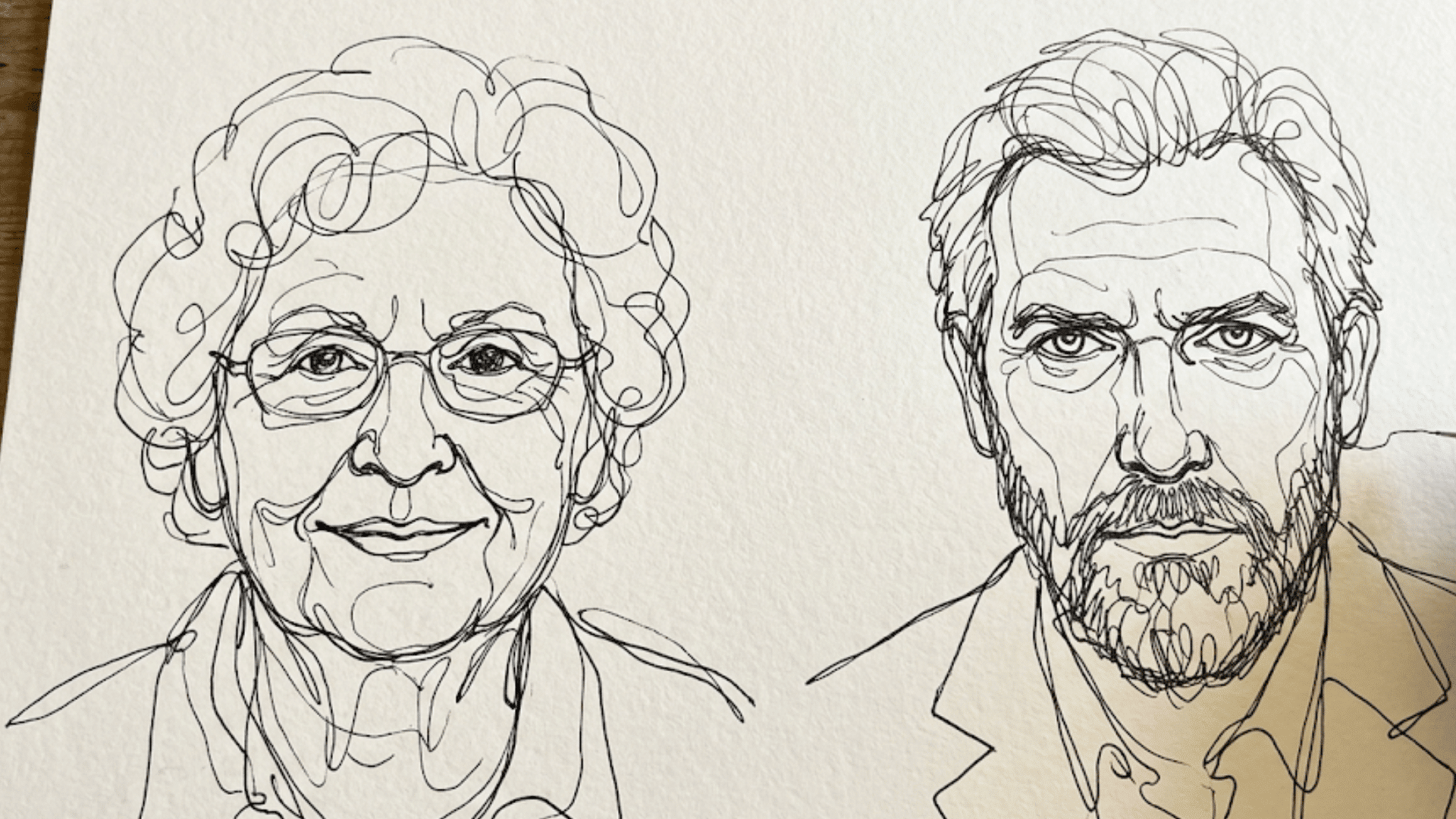 continuous line drawings of a woman with glasses and a bearded man drawn side by side in black ink
