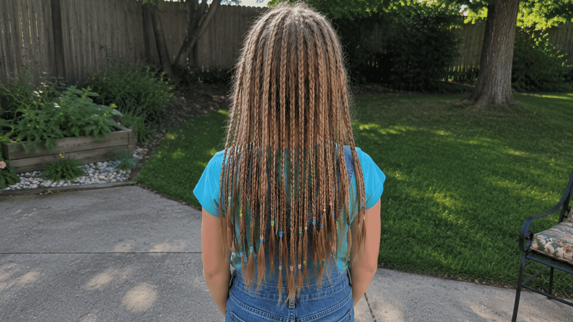 blonde hair in dozens of tiny beaded braids in backyard patio