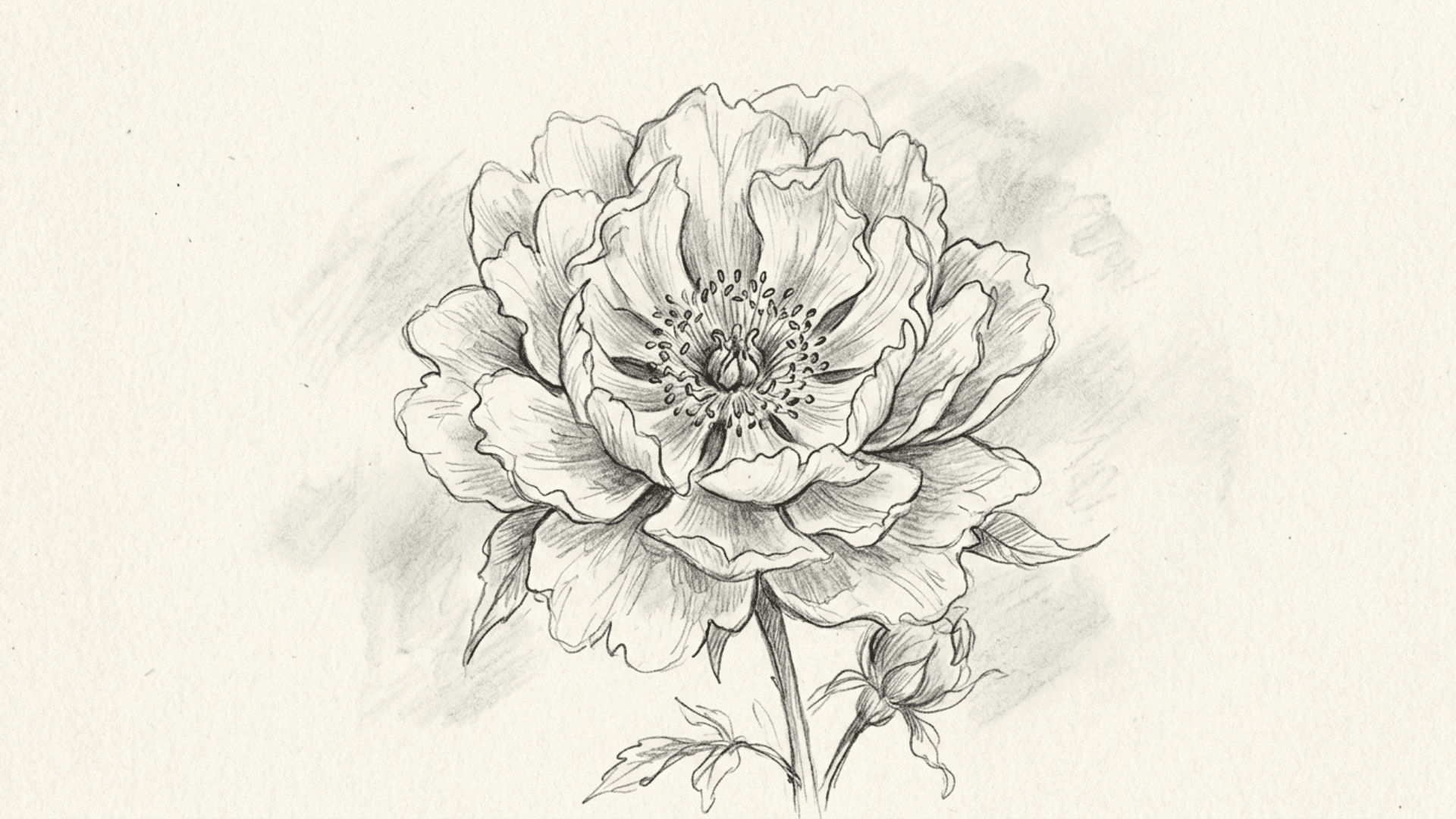 soft pencil sketch of an open flower with uneven layered petals and a simple stem