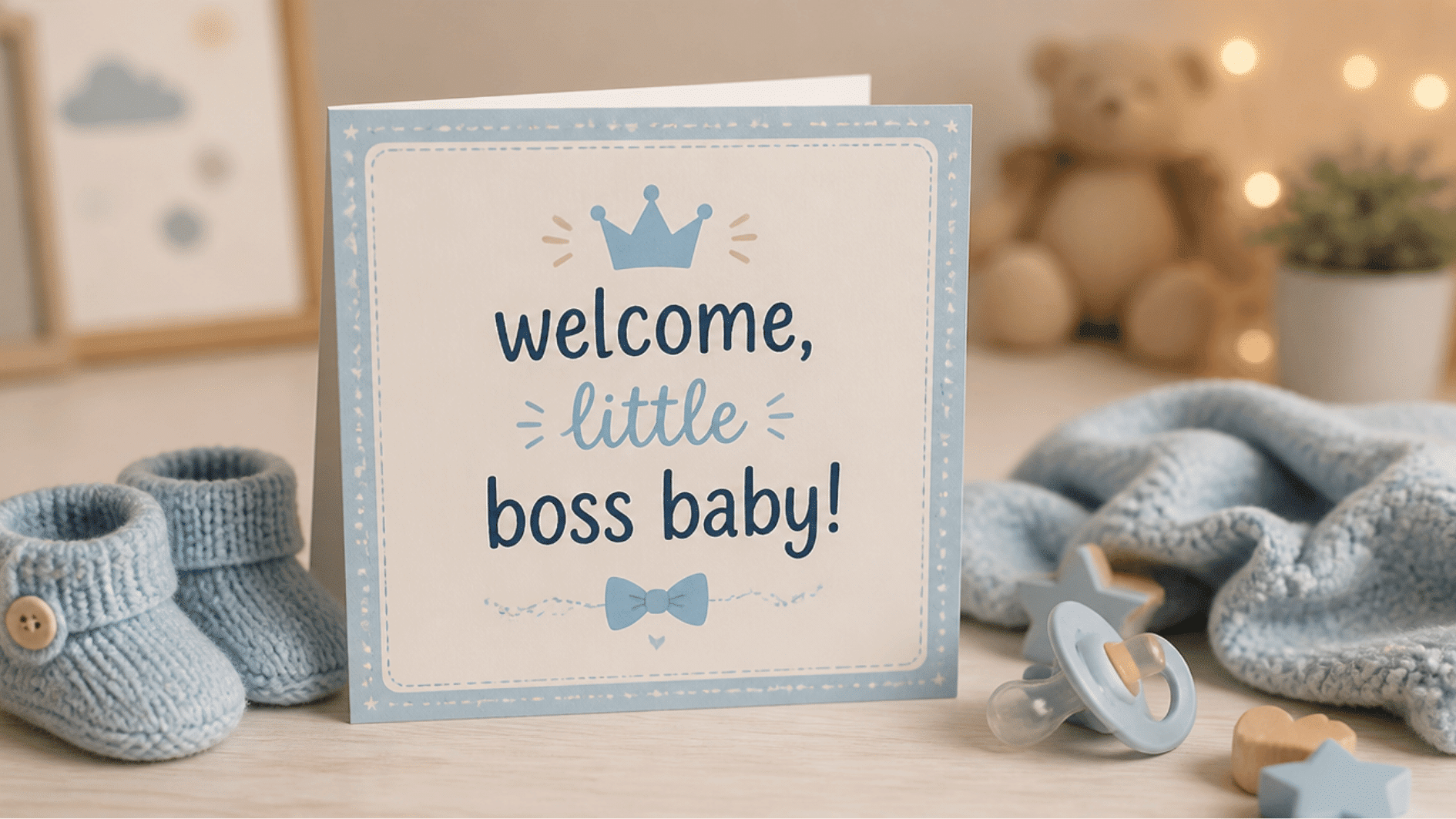 blue and cream card reading welcome little boss baby, beside knit booties and a pacifier