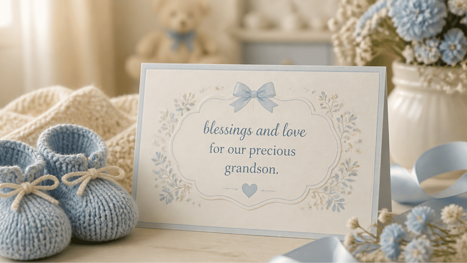 blue bordered card reading blessings and love for our precious grandson, beside knit baby booties