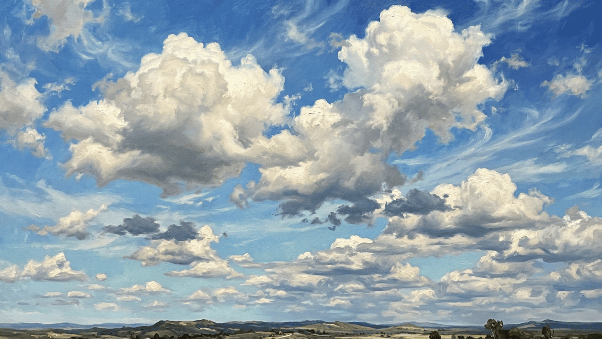soft cloudy sky painting with fluffy white clouds drifting across a bright blue background using loose strokes