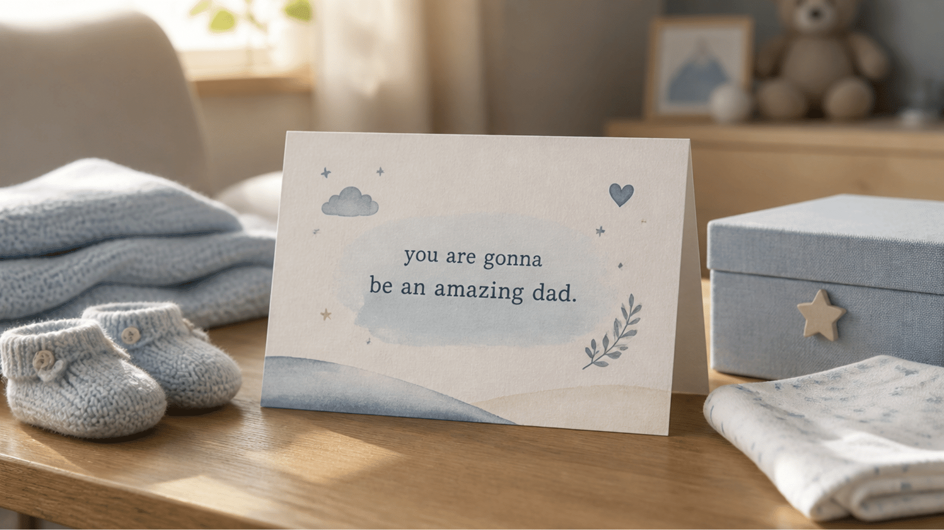 blue watercolor card reading you are gonna be an amazing dad, beside knit booties and a gift box