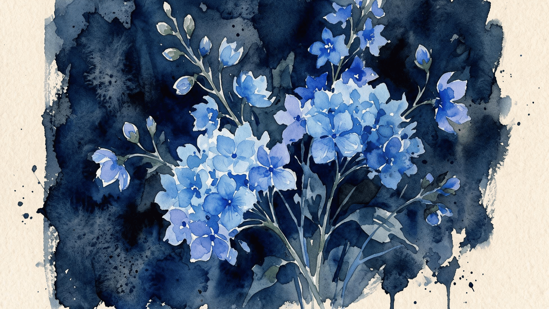soft blue watercolor blossoms and small flower buds painted against a deep indigo background wash