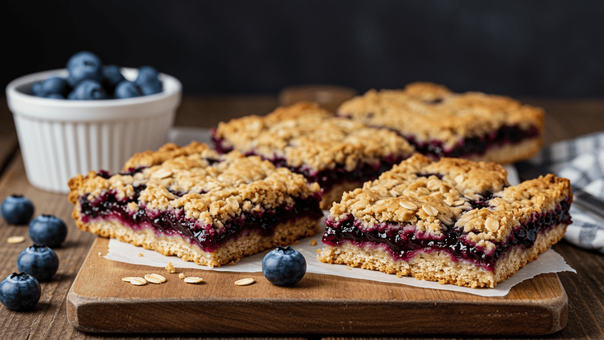 blueberry oat bars on rustic wooden board, golden-brown crust, visible oats and berry jam filling