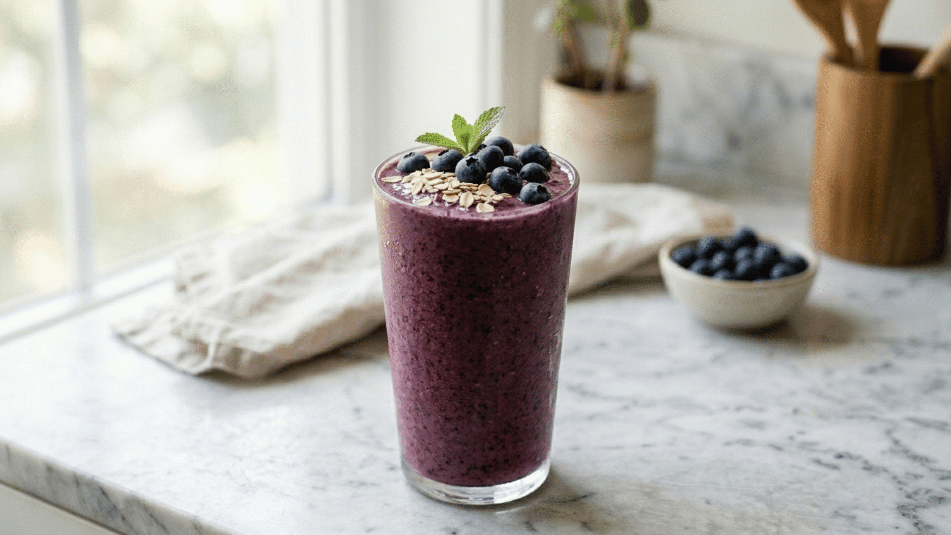 blueberry oatmeal smoothie in a glass topped with fresh blueberries