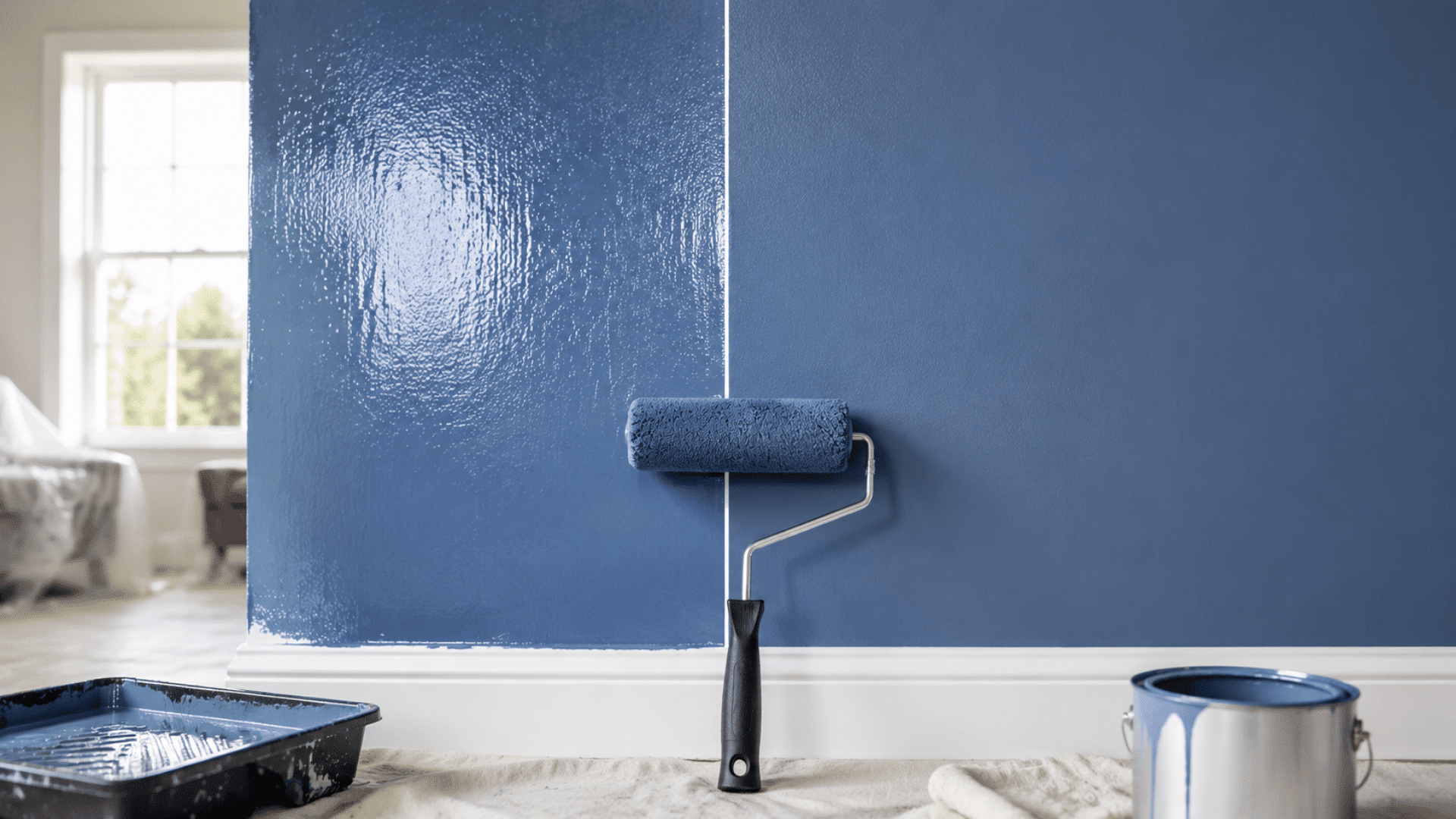 blue wall painting split showing wet glossy paint and dry matte finish with roller and paint tray in room