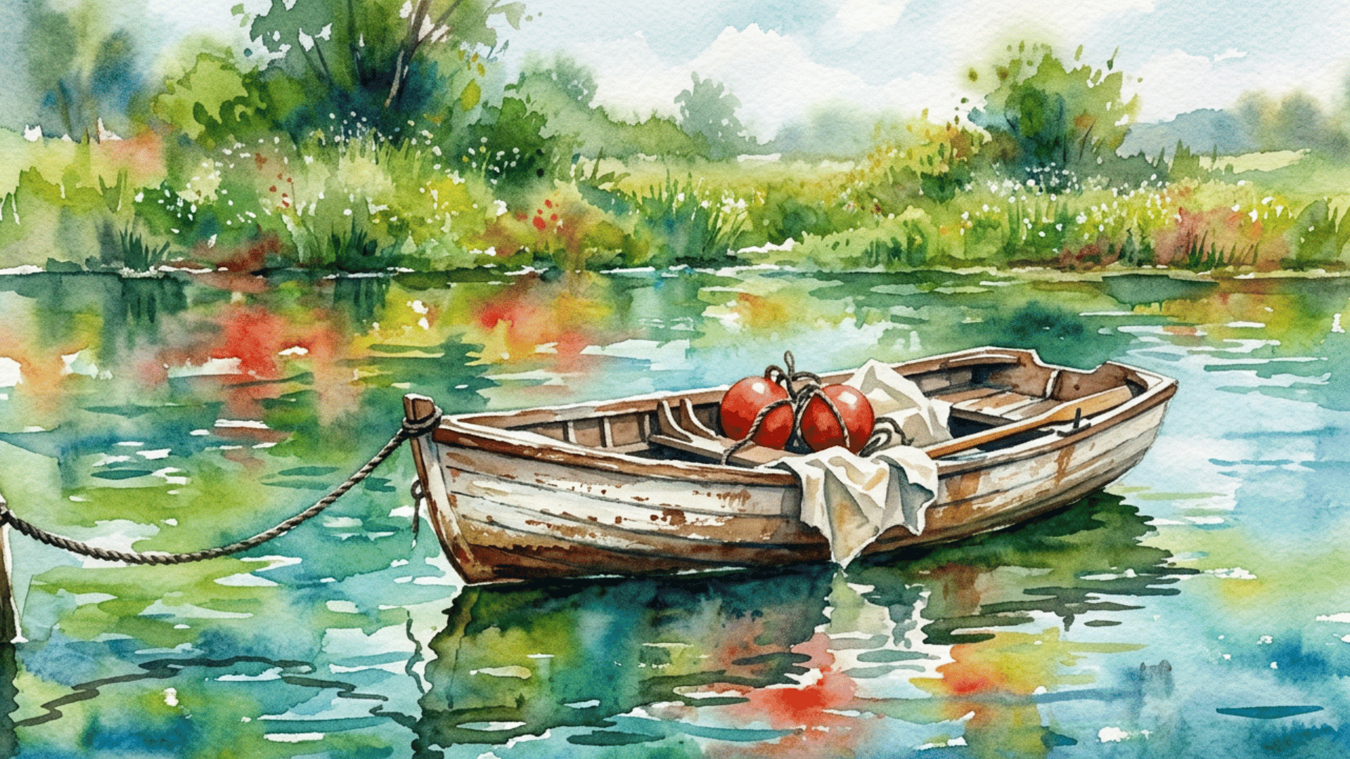 watercolor painting of a weathered wooden rowboat tied to shore, floating on a calm pond with lush greenery reflected in the water