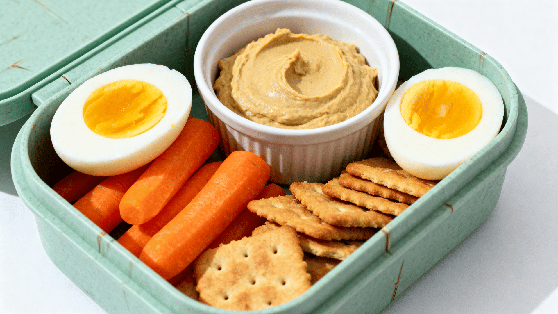boiled egg, carrot sticks, hummus, and crackers in a sage-green bamboo-fiber lunchbox