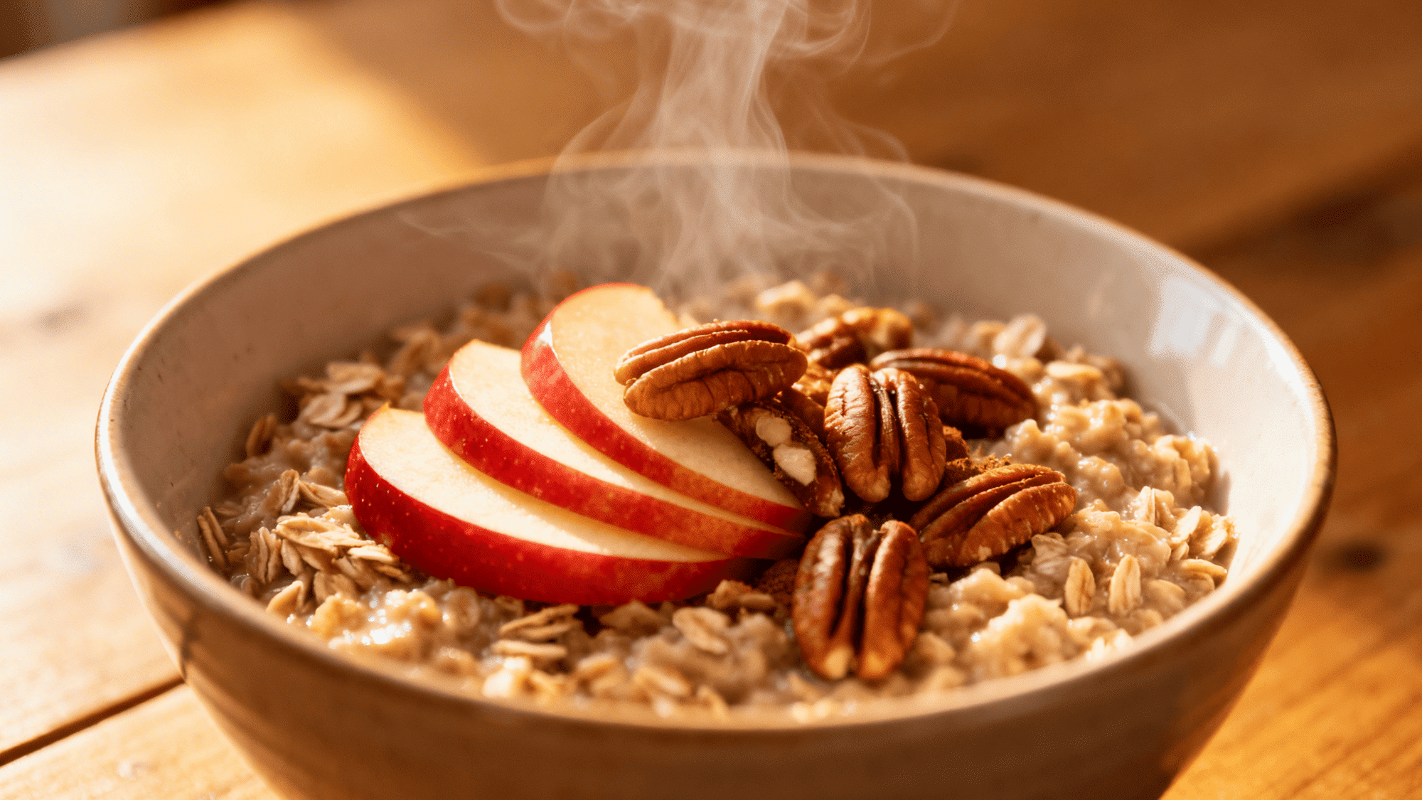 bowl of apple cinnamon oatmeal topped with sliced red apples and toasted pecans, warm steam rising