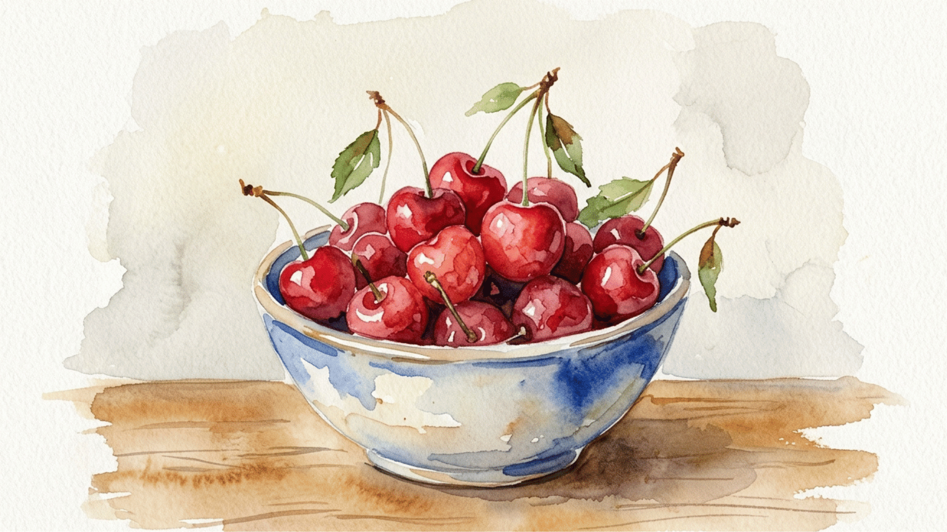 vibrant bowl of cherries painting with bright red fruit and green stems arranged in a simple still life