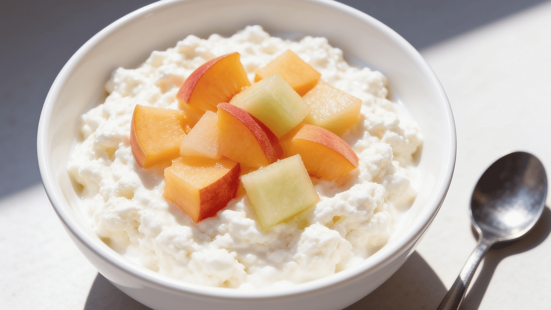 bowl of creamy whole-milk cottage cheese topped with soft diced peach and melon pieces