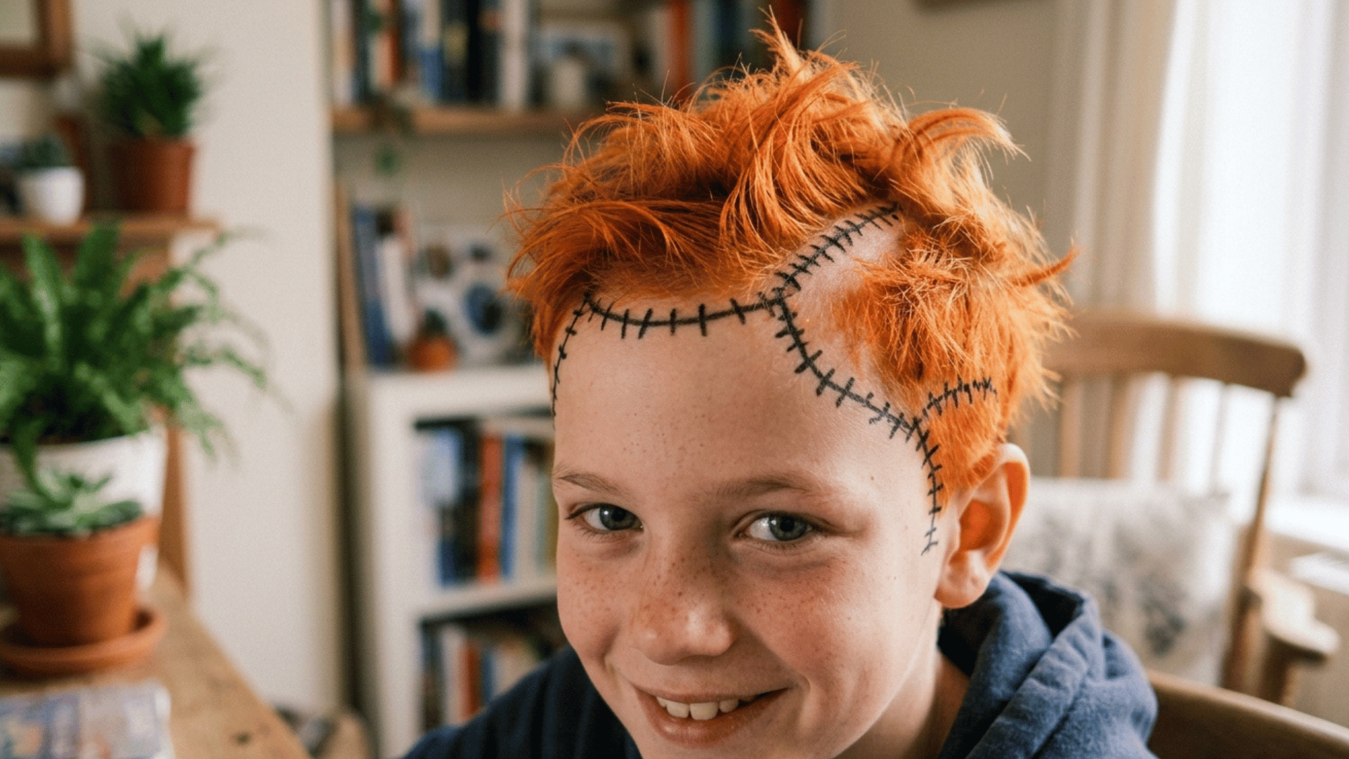 black seam lines drawn on a boy's orange sprayed hair