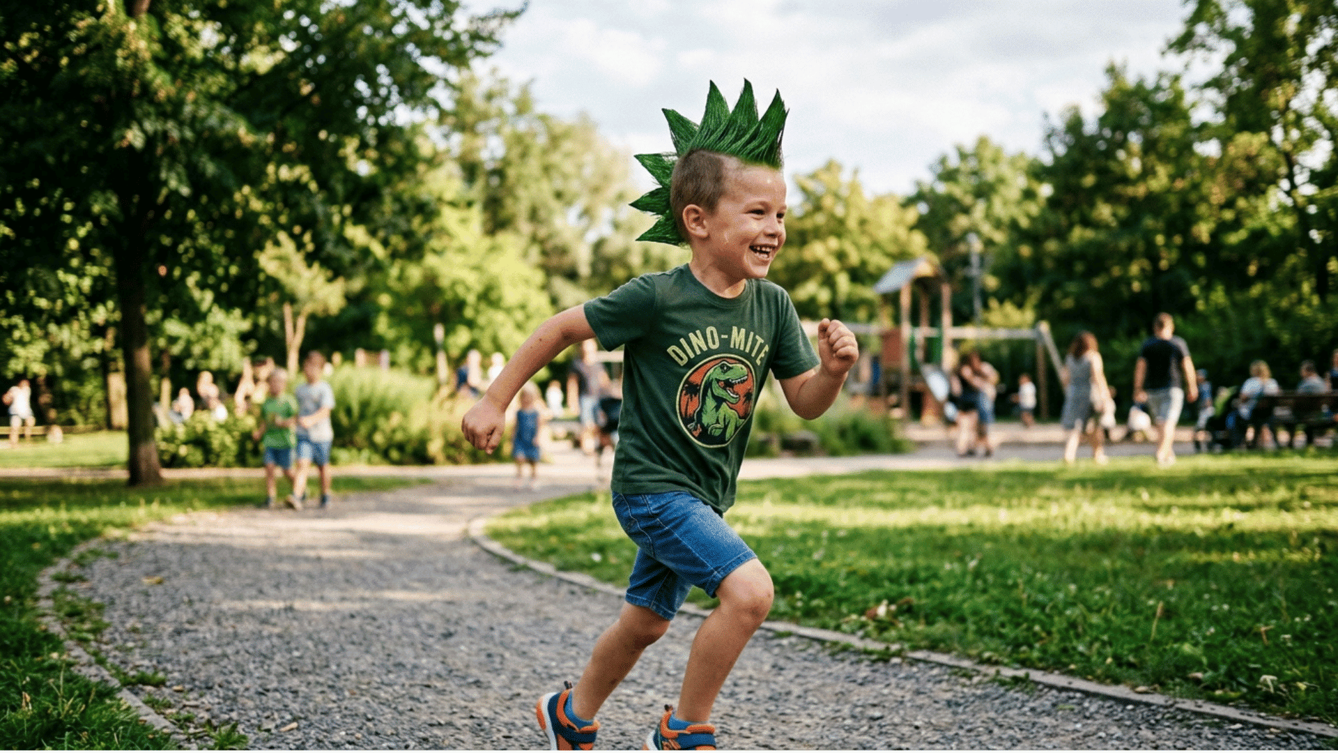 tall green spikes running down a boy's head like a dino spine