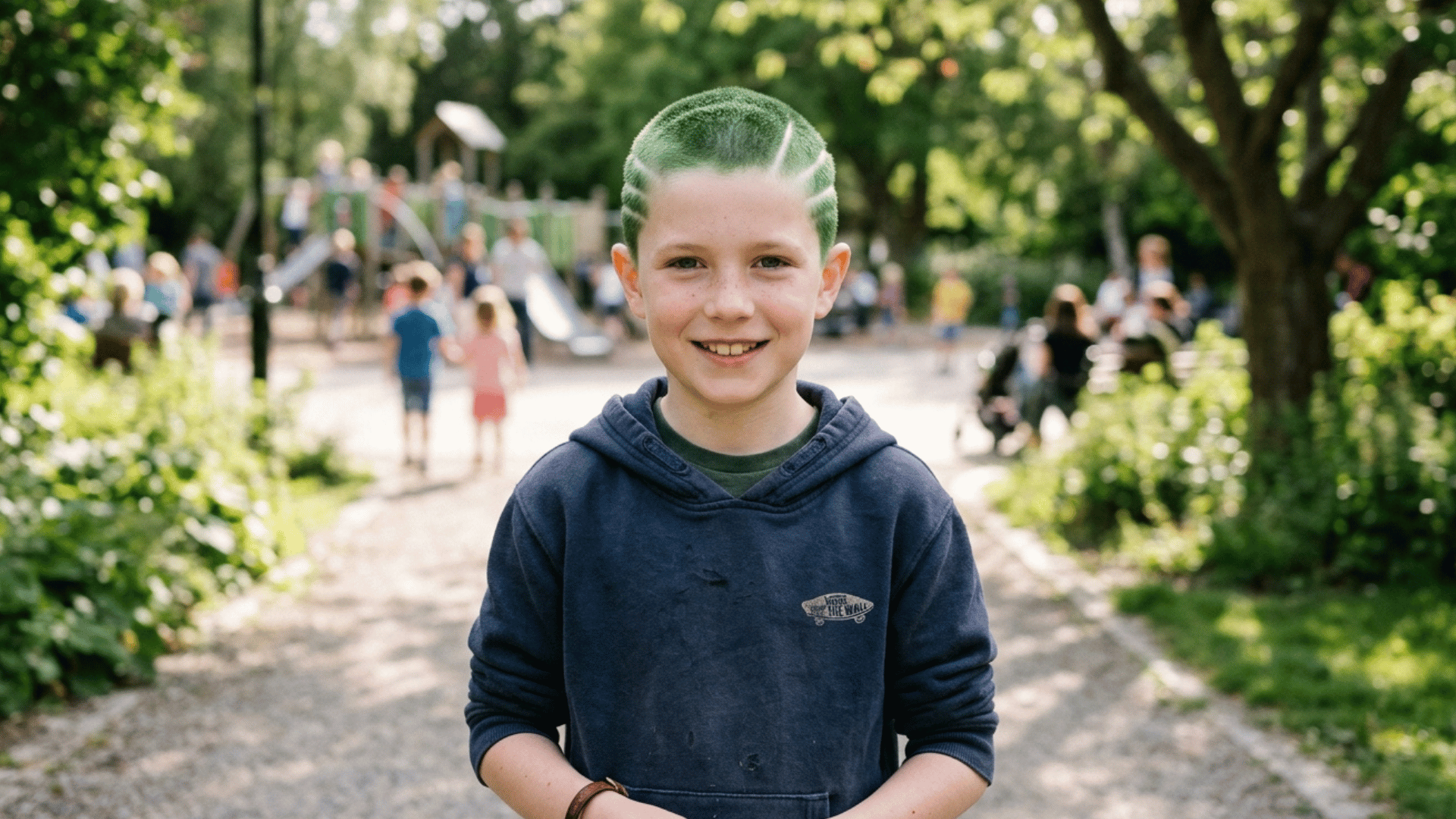 white yard lines drawn on a boy's green sprayed hair