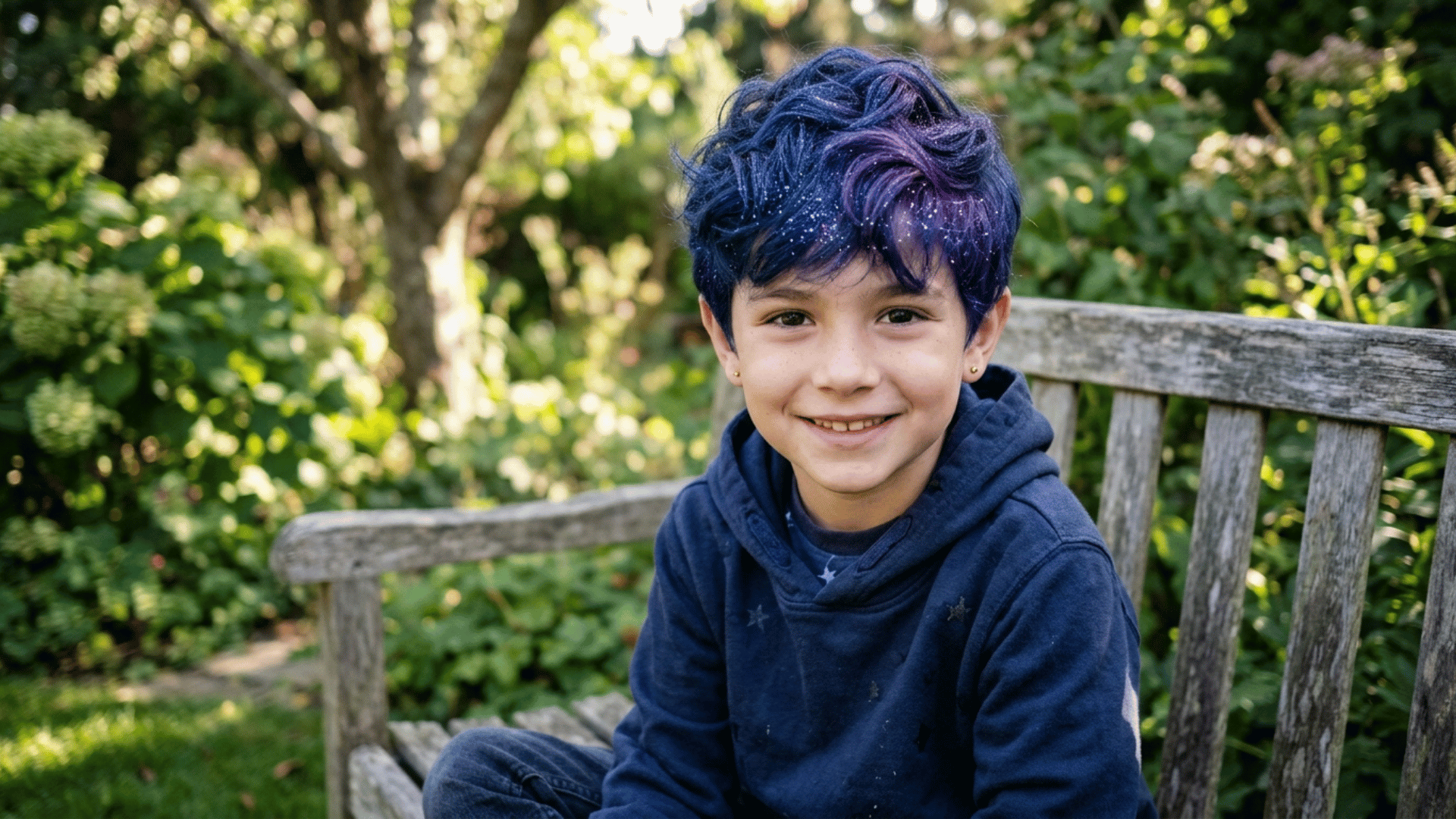 deep blue and purple blended spray on a boy's night-sky hair