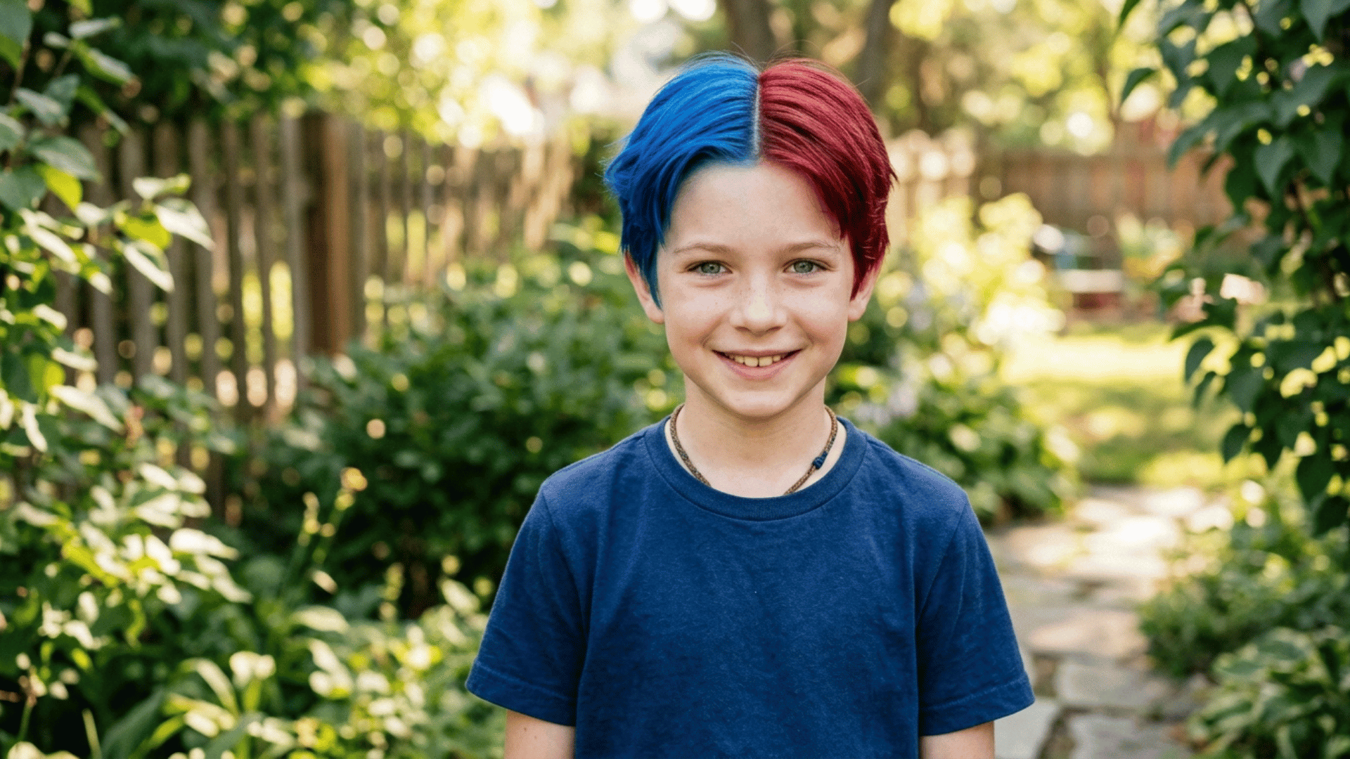 boy's hair color blocked in blue and red down the middle