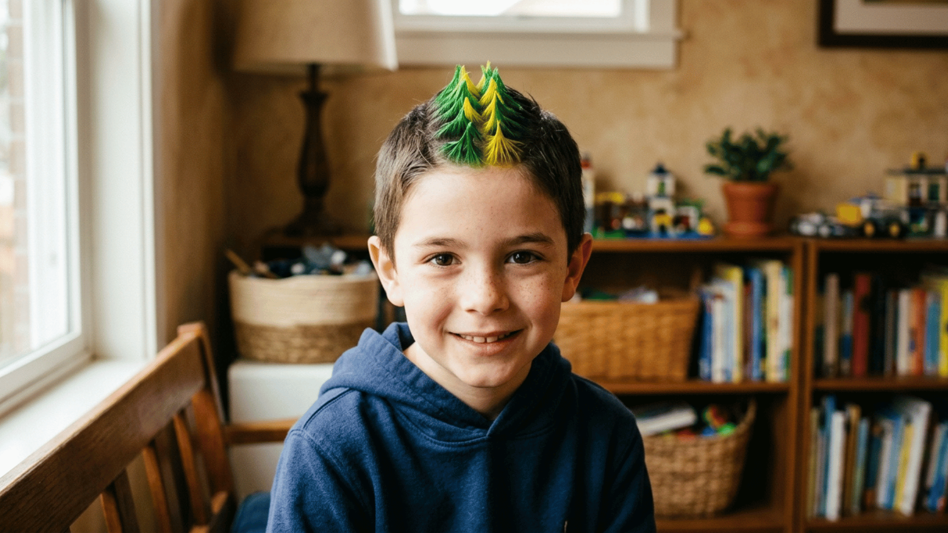 sharp evenly spaced spikes covering a boy's short hair