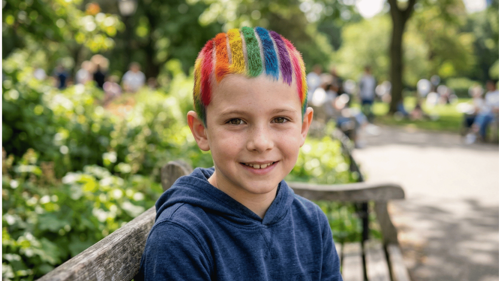 thin vertical strips of hair sprayed in rainbow colors