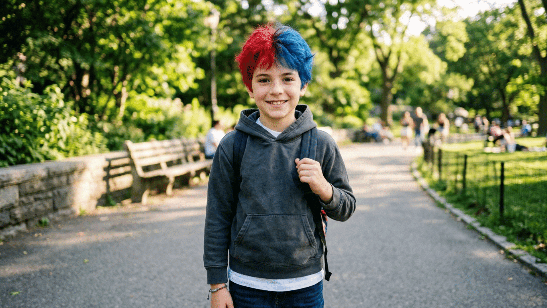 boy's hair sprayed red on one half and blue on the other