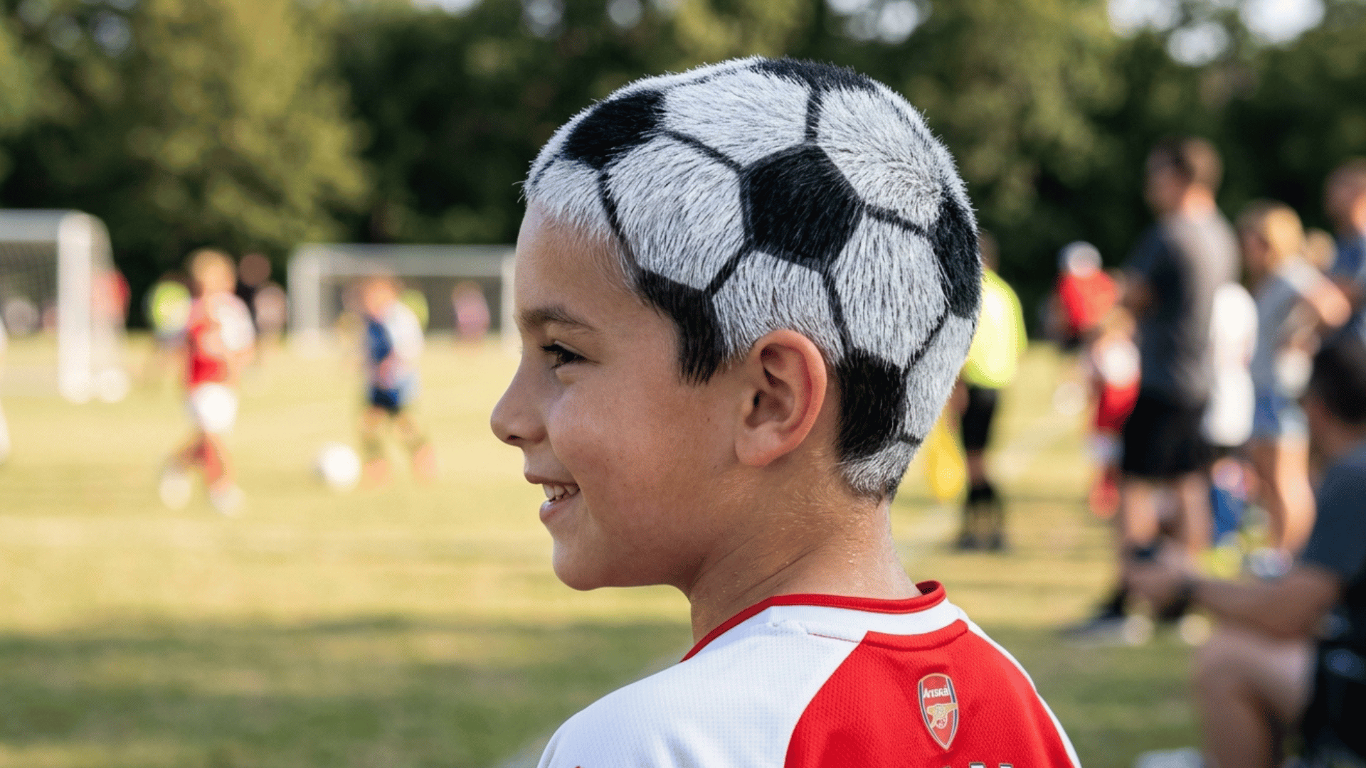 black hexagon shapes drawn on a boy's white sprayed hair