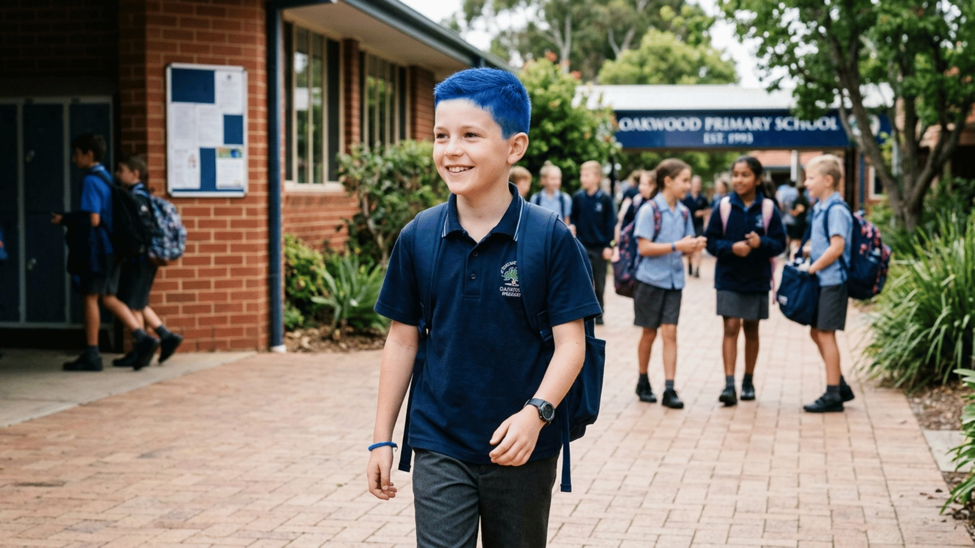 boy's short hair sprayed one solid bright color for school