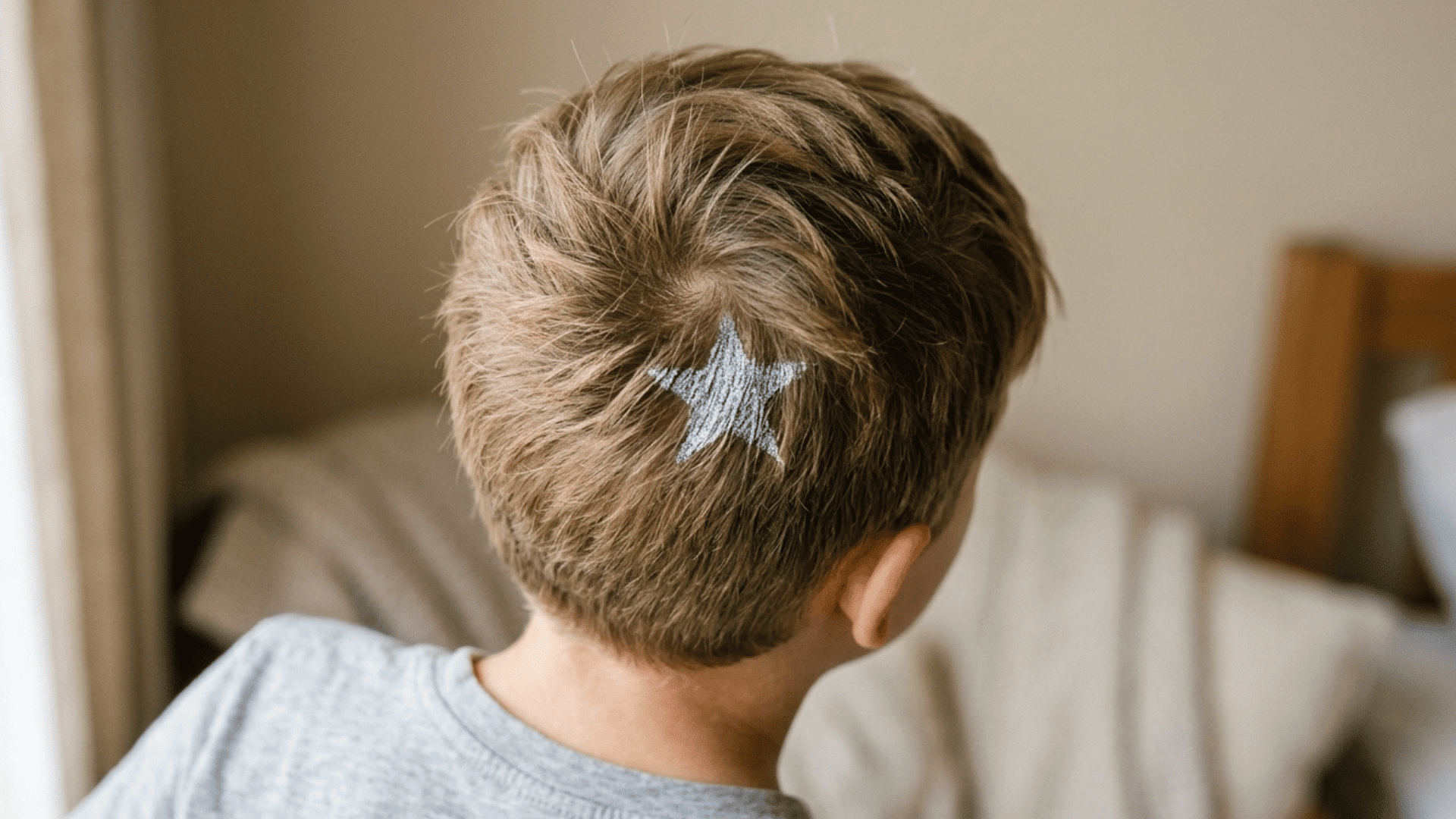small silver star shape chalked onto a boy's hair