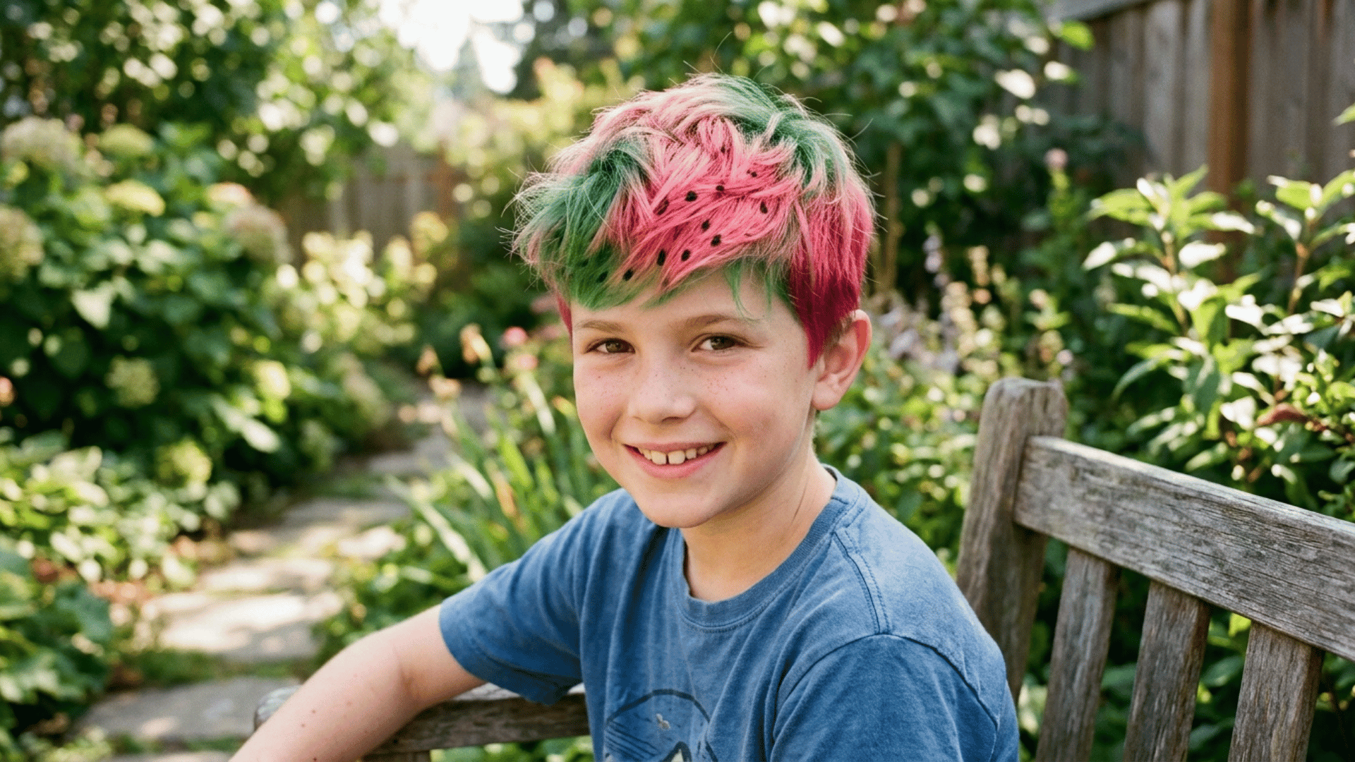green roots fading to pink tips on a boy's sprayed hair