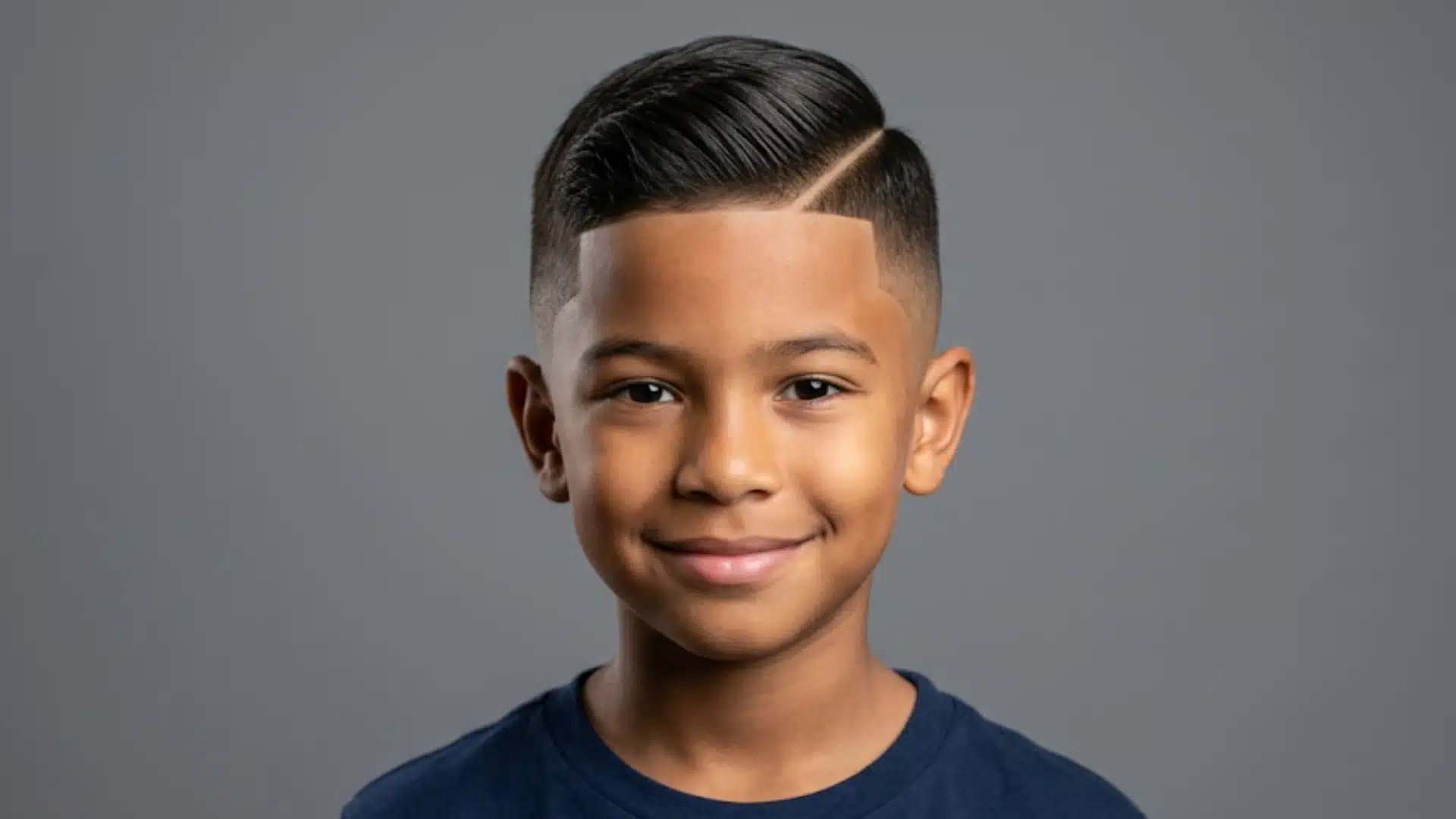 boy with a hard part haircut featuring a sharp shaved side part clean fade and neatly combed top
