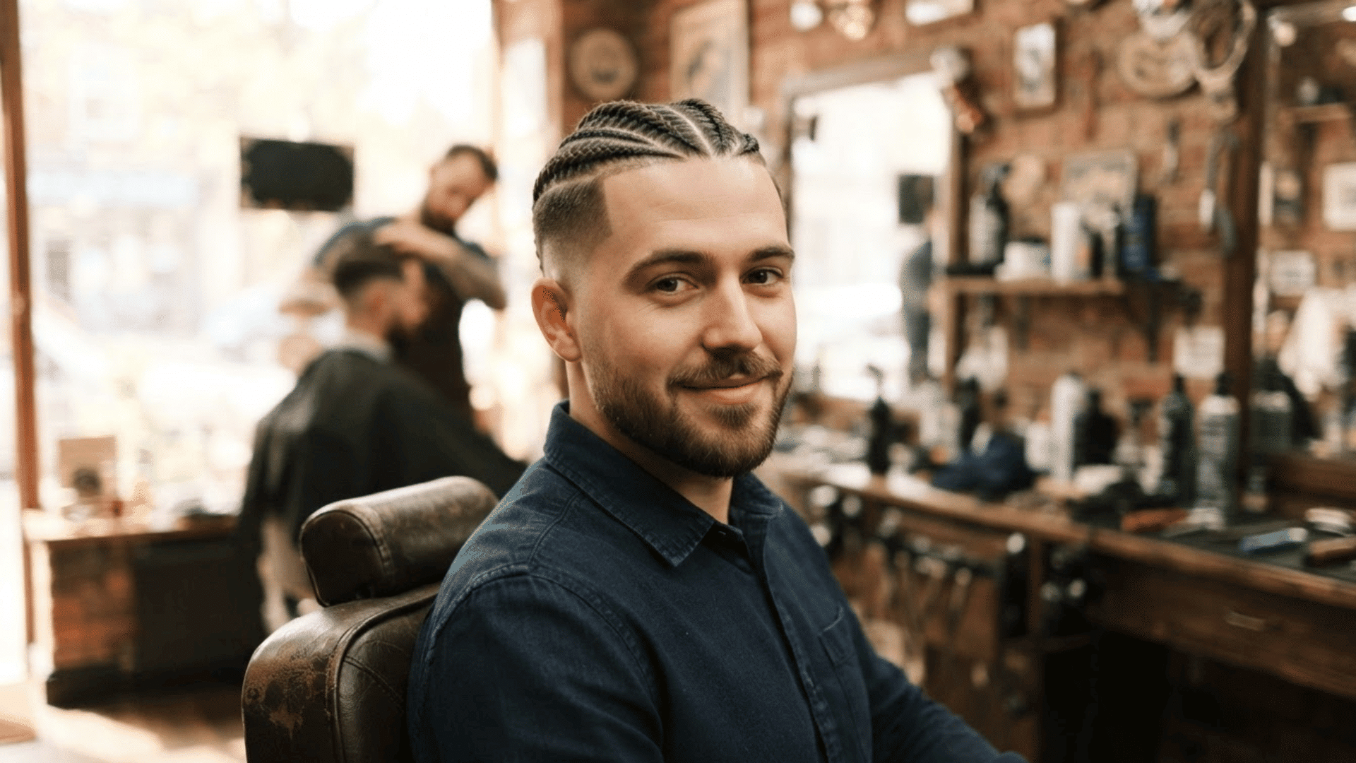 braided low fade haircut with cornrows and clean faded sides on man sitting in barber shop chair