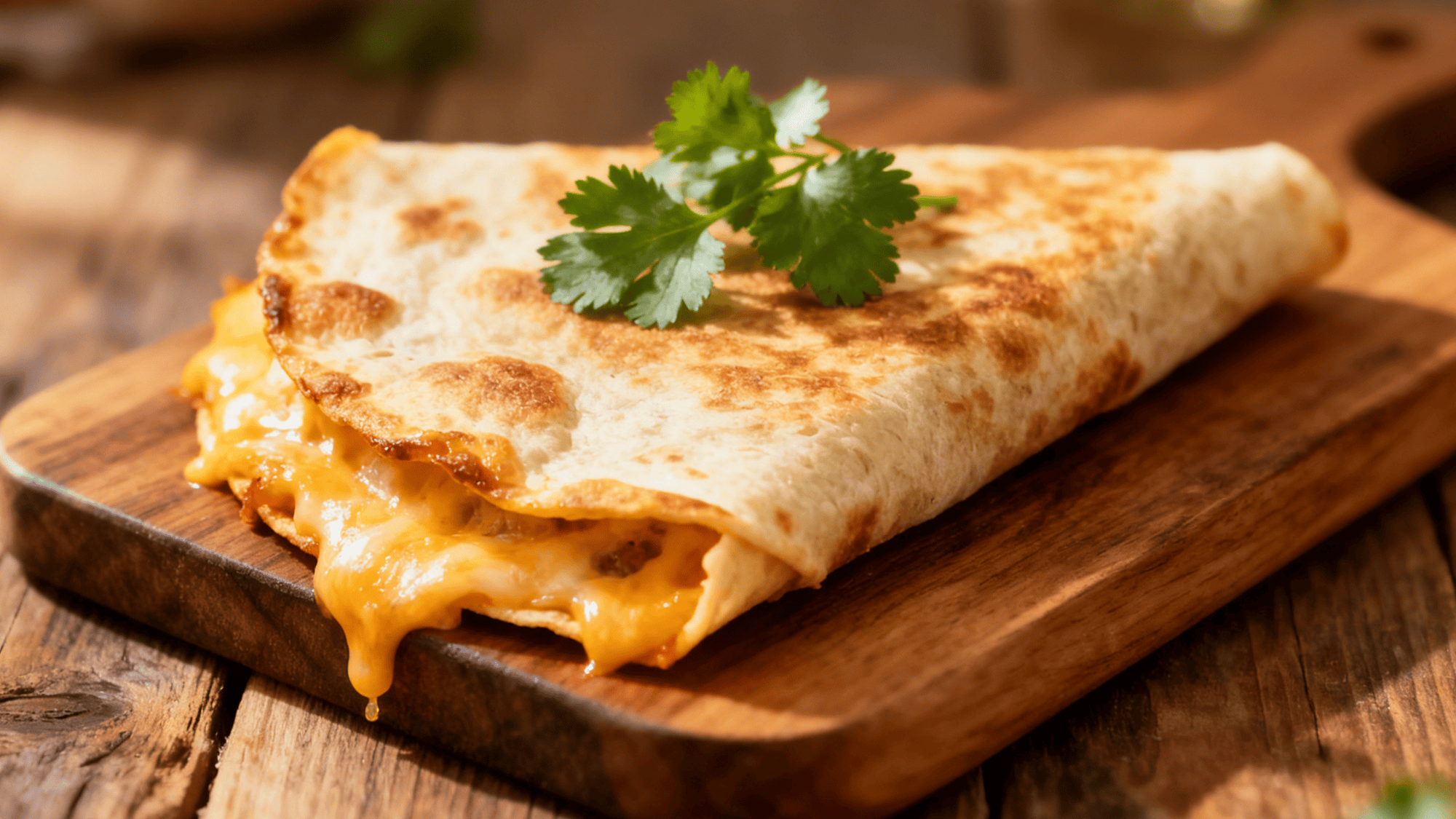 breakfast quesadilla sliced into wedges, runny egg and chorizo filling, charred grill marks, lime wedge