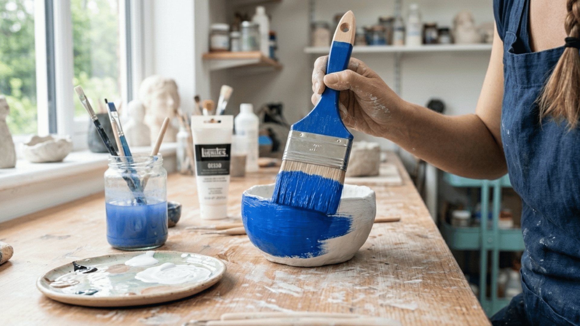 bright blue paint being applied to an air dry clay dish using a large flat brush for an even coat.