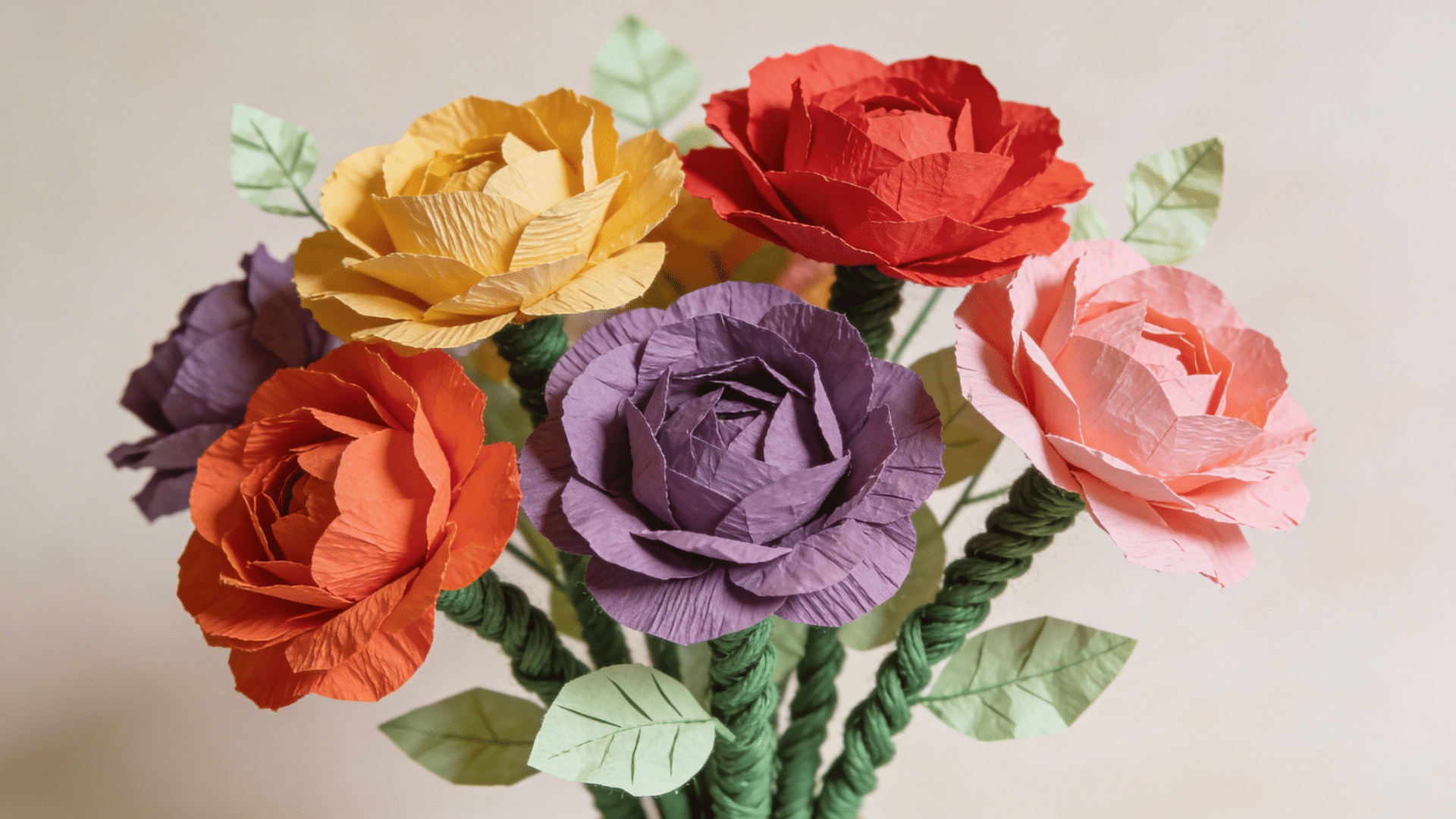 bright crepe paper flowers with layered petals and green paper stems arranged in a small bouquet