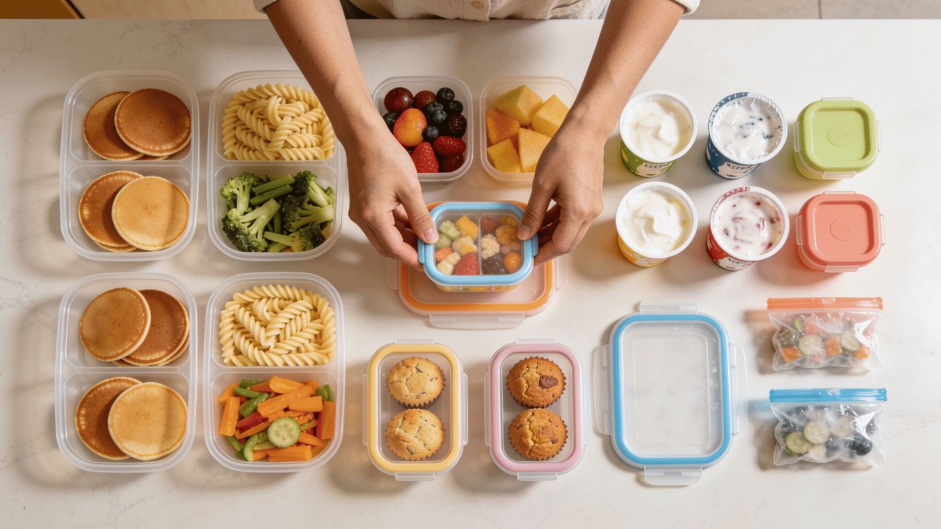 bright family kitchen counter with toddler meal prep containers neatly arranged, showing mini pancakes, pasta, soft vegetables, fruit, yogurt cups, muffins, and small freezer-friendly portions.