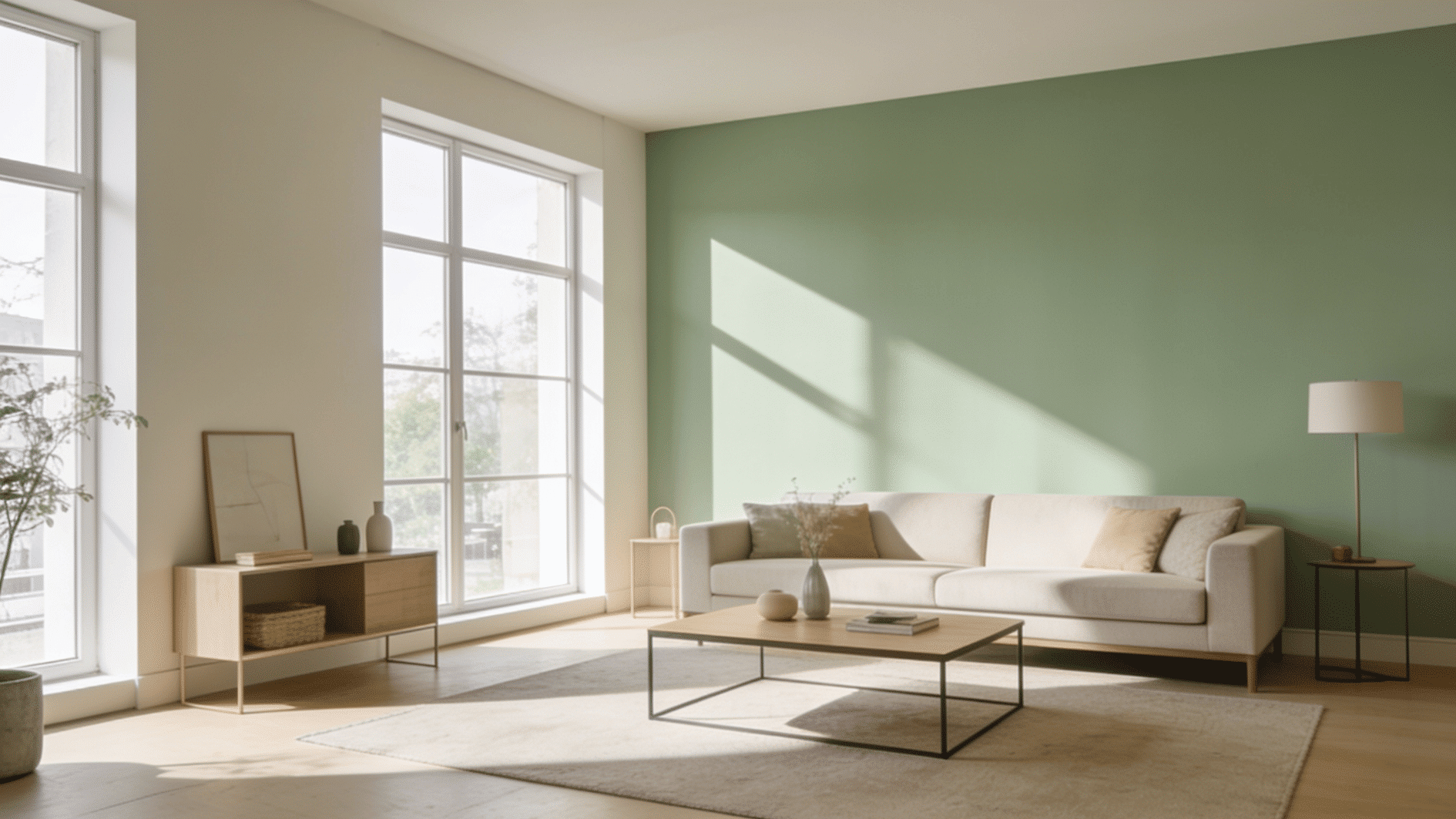 bright living room with a sage green accent wall behind a beige sofa and wooden coffee table.