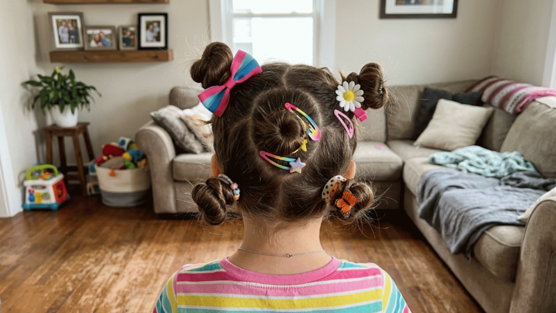 brunette hair in five uneven space buns each with different clip or bow