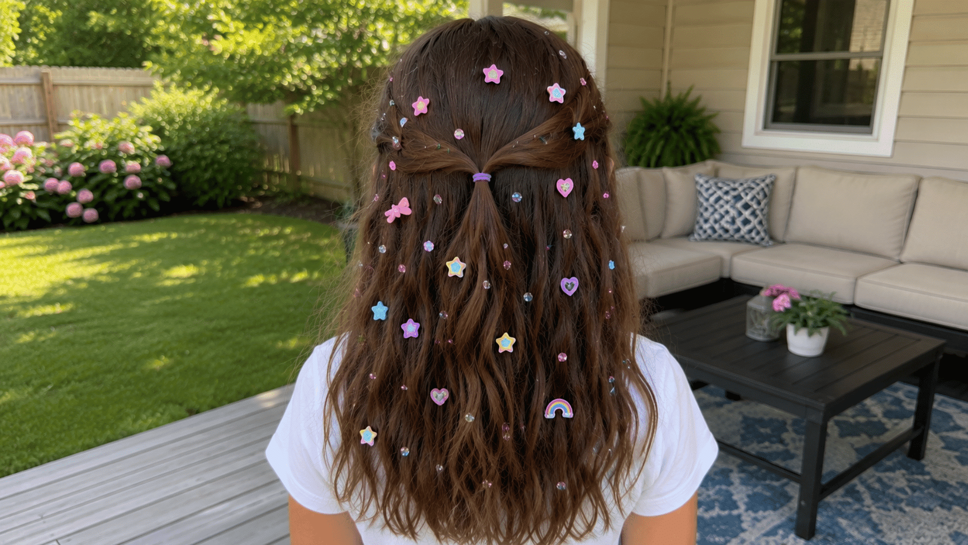 brunette hair scattered with star heart and rainbow stickers near stone fireplace