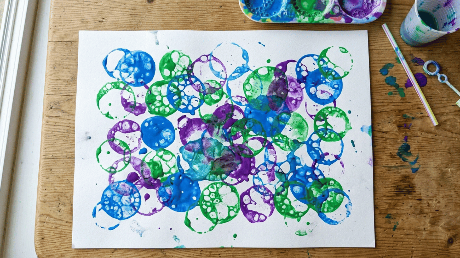 preschooler painting with overlapping colorful bubble print circles
