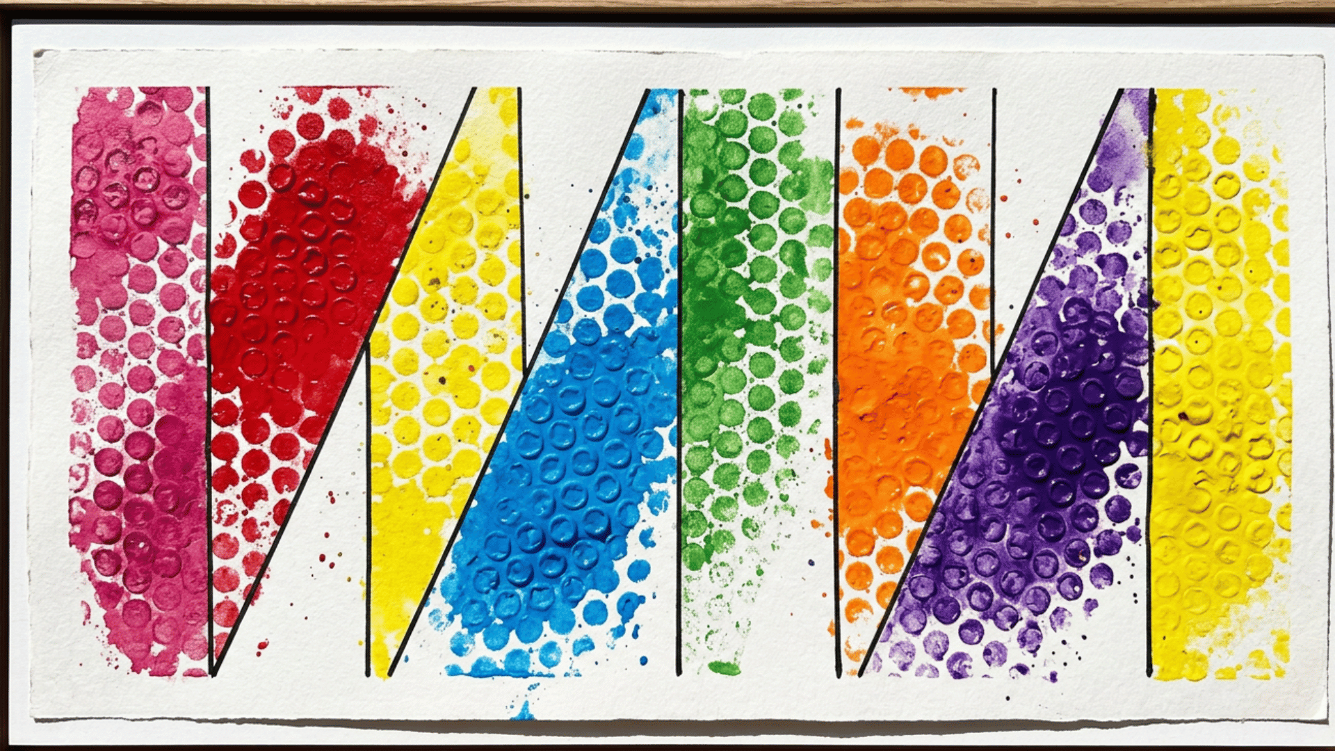 abstract colorful watercolor painting spelling the word MOM using vibrant bubble and splatter patterns in pink, red, yellow, blue, green, orange and purple