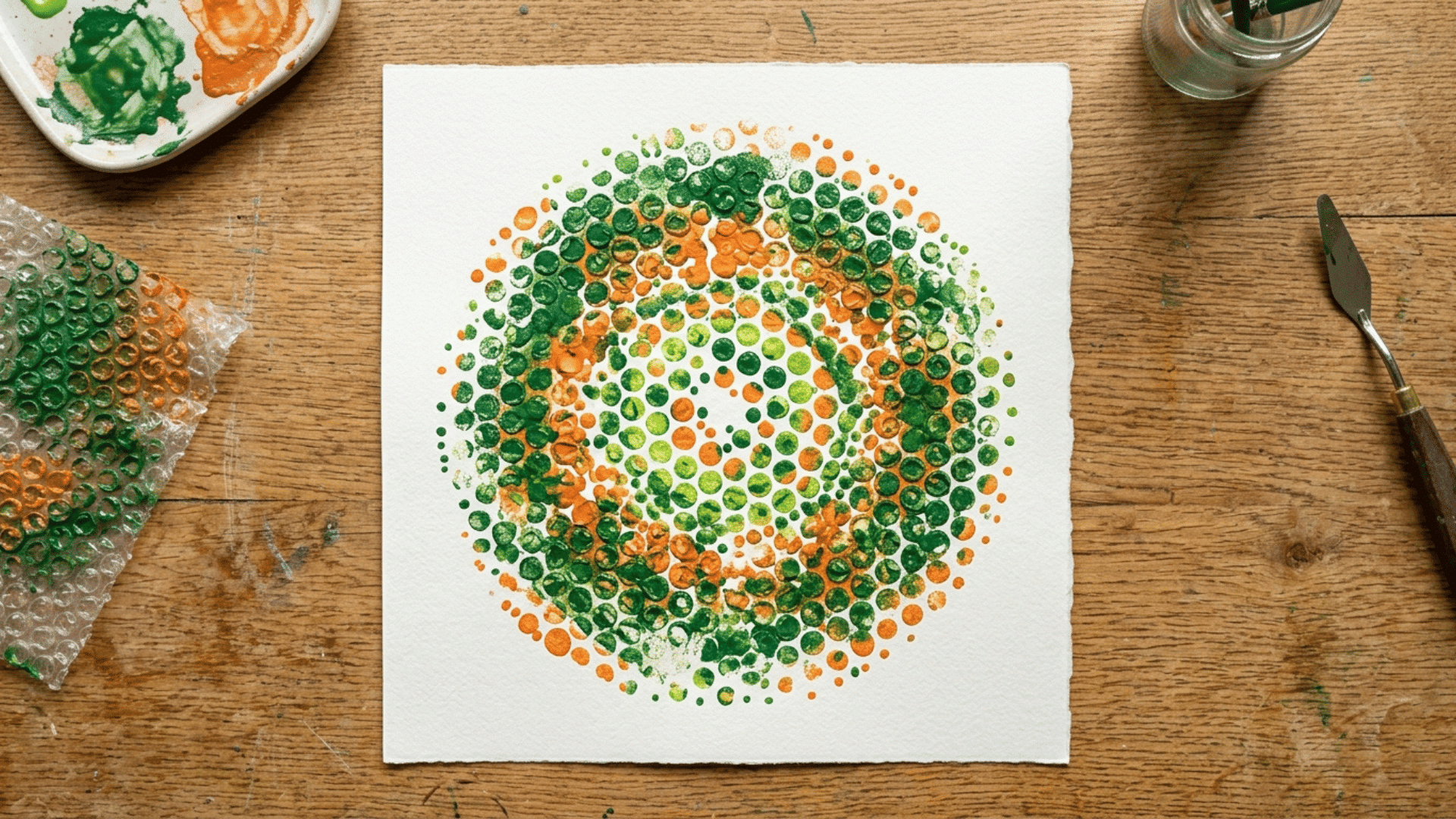 toddler bubble wrap painting with uneven textured stamps