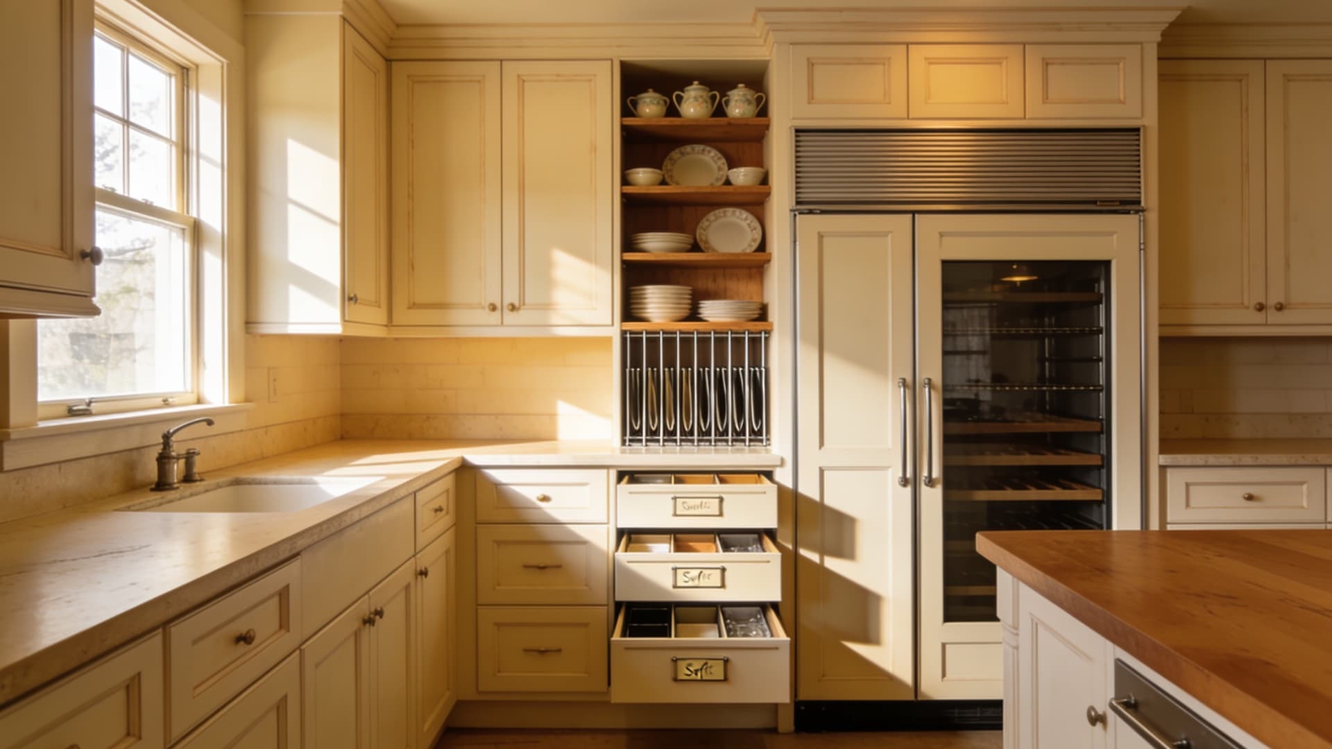built in pantry wall with appliance garage adjustable shelves deep drawers and vertical tray storage