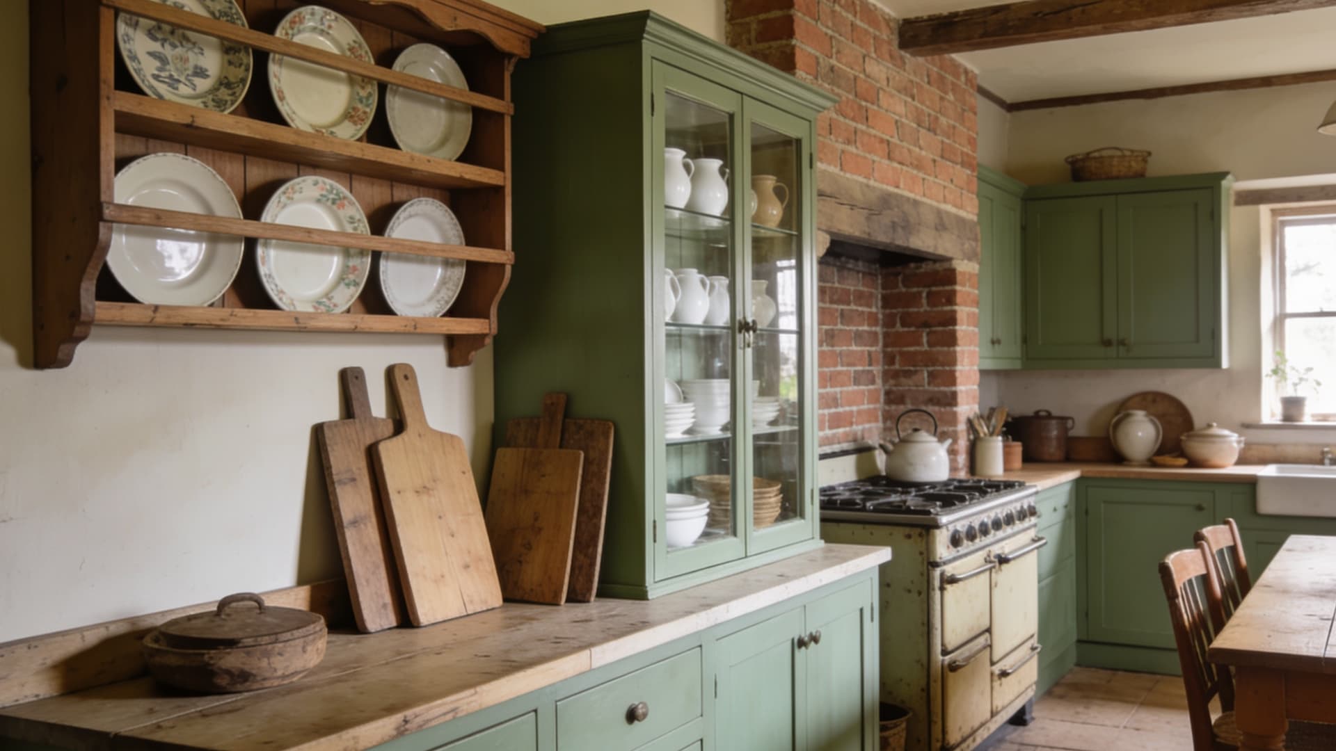 built in plate rack and glass front cabinet displaying white dishes pottery clear glass and wood boards