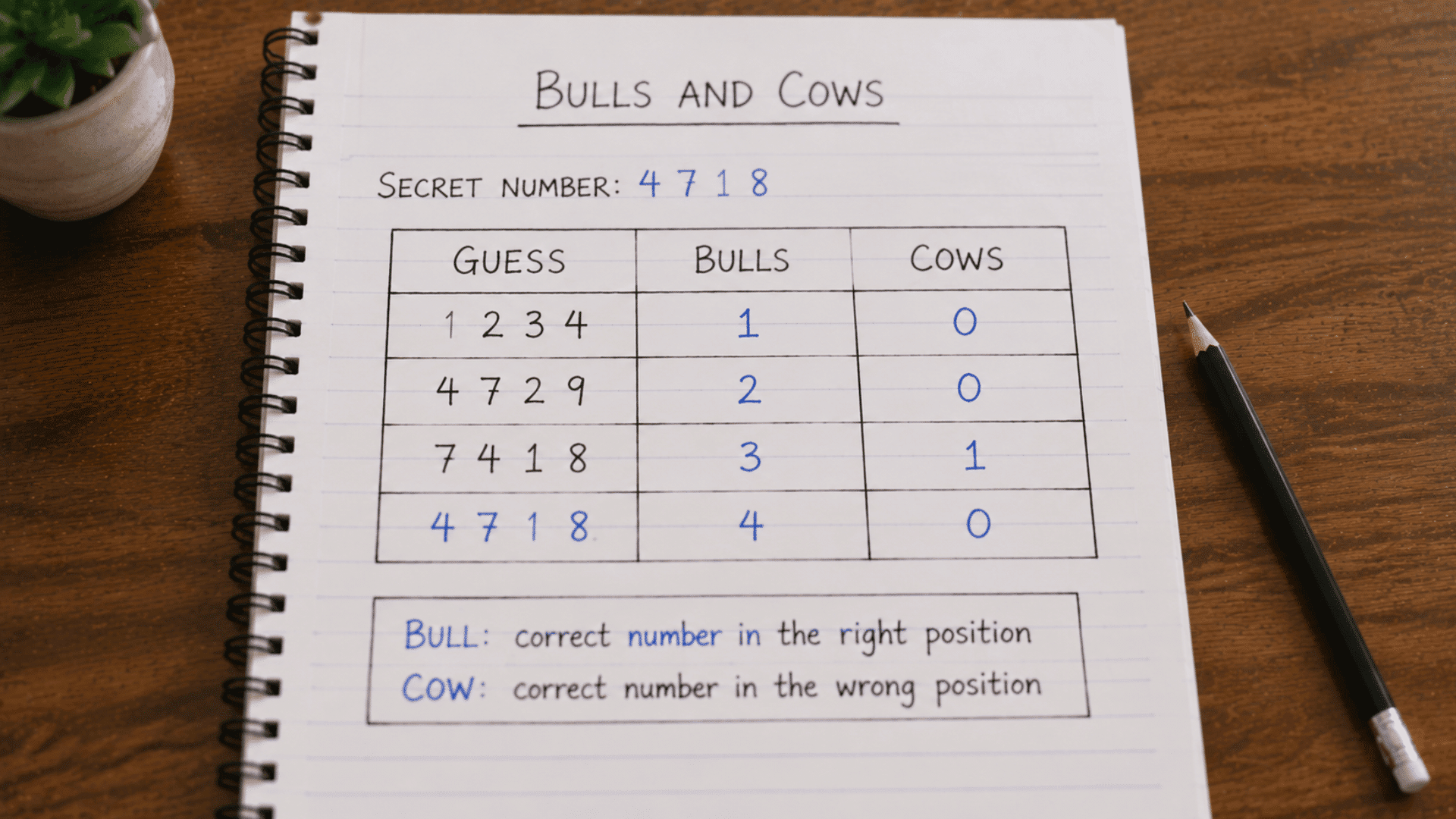 bulls and cows game score table on a spiral notebook sheet explaining how to tally secret numbers with a pencil beside it