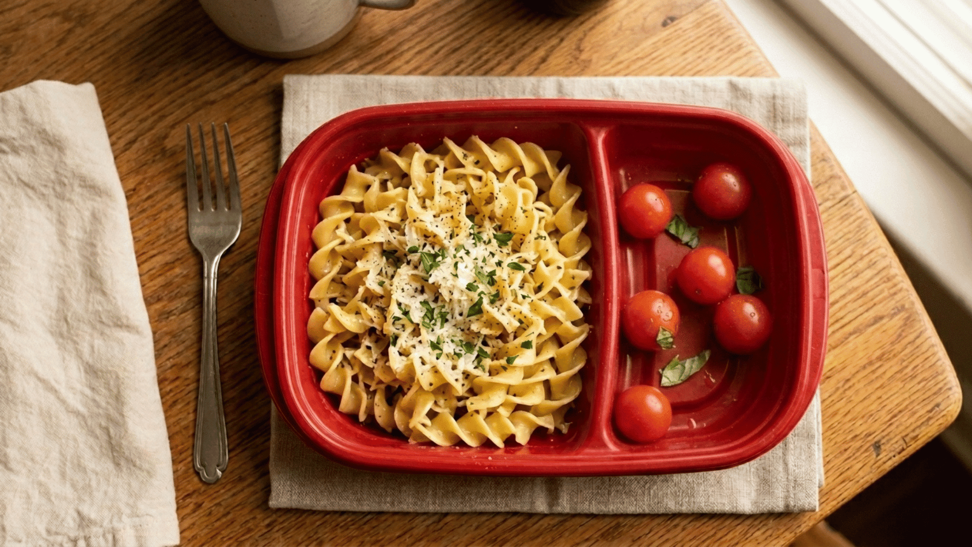 buttered egg noodles with parmesan packed in a red plastic lunchbox