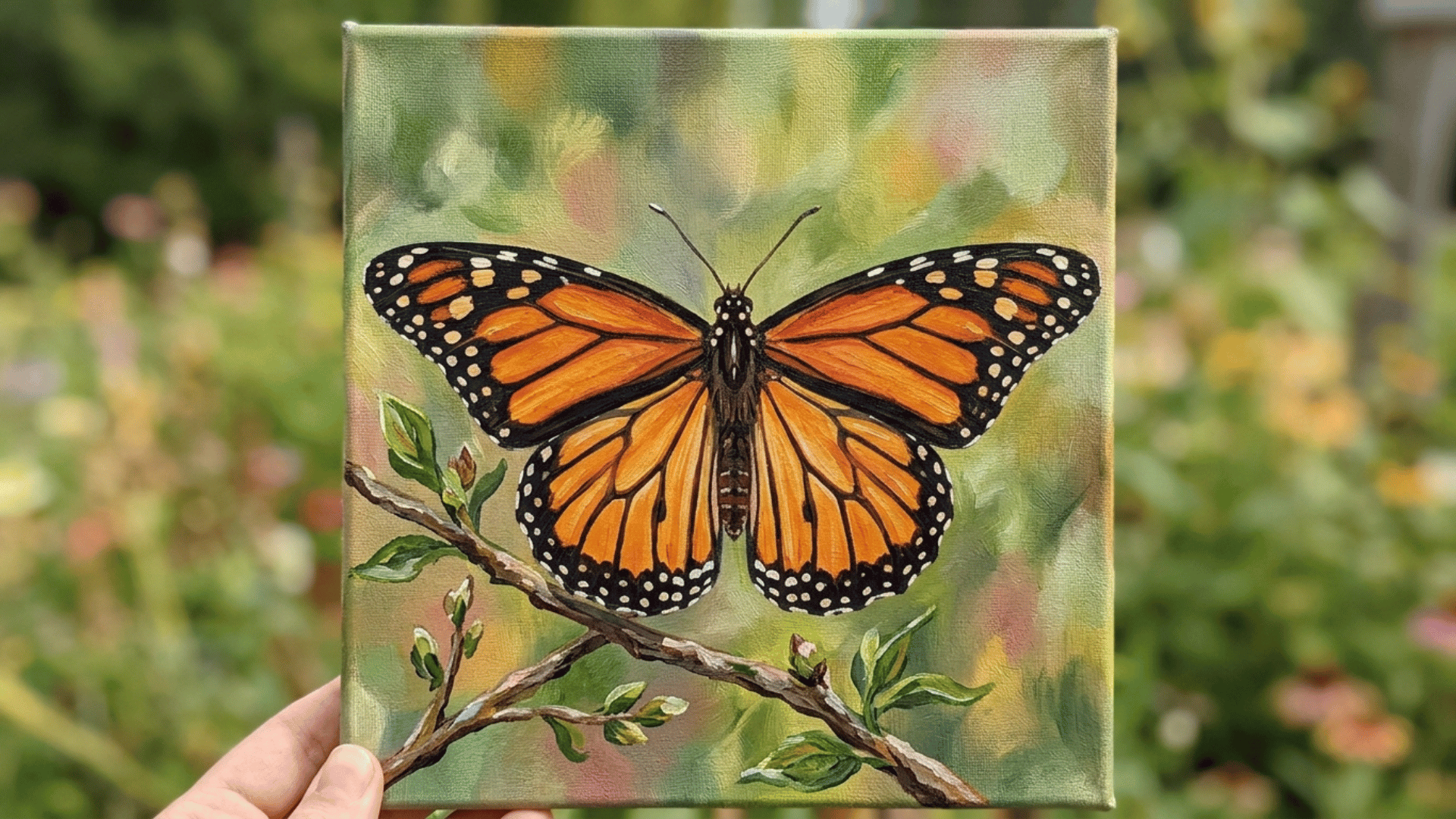 easy canvas painting idea of a monarch butterfly resting on a thin branch